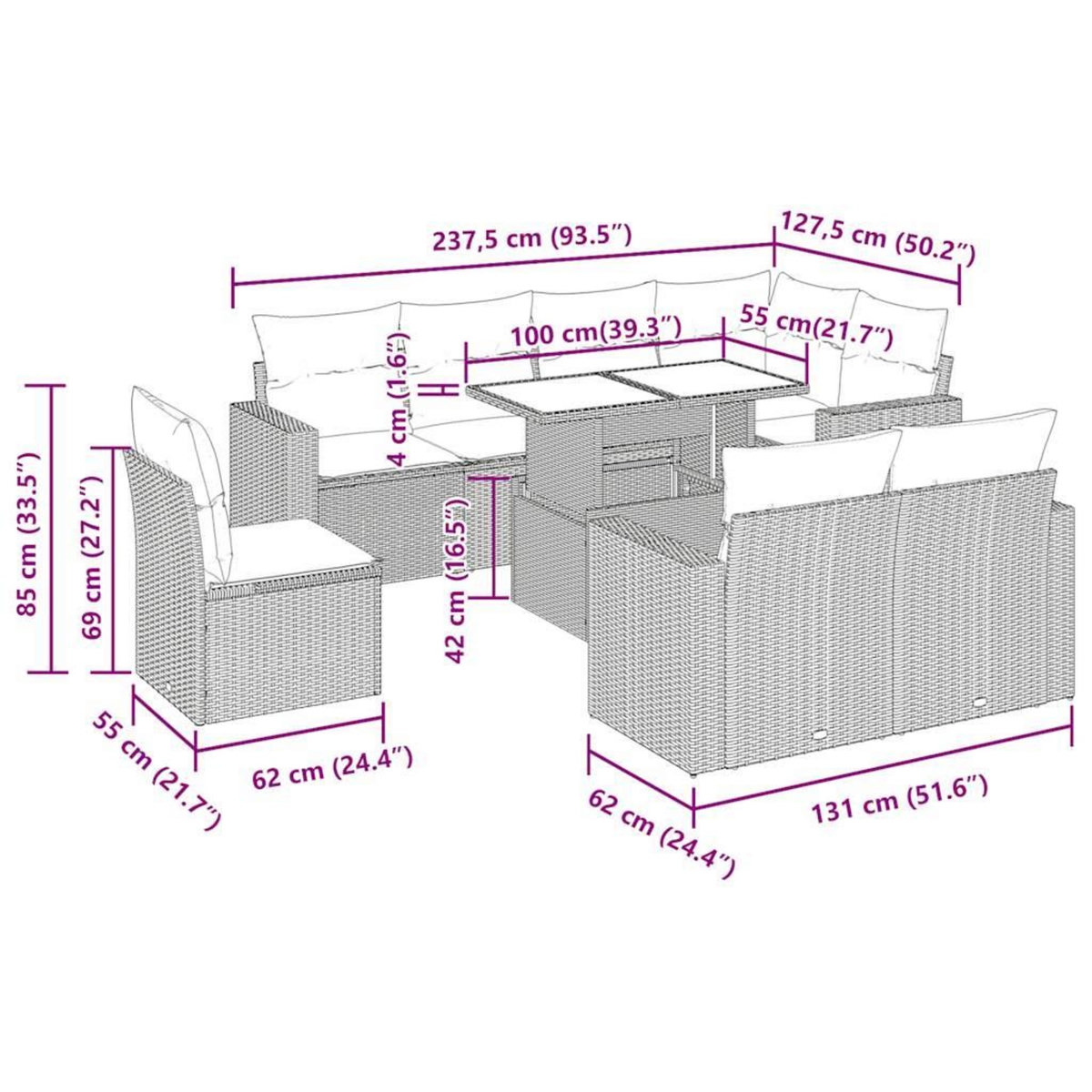 VIDAXL Salon de jardin avec coussins 9 pcs marron resine tressee