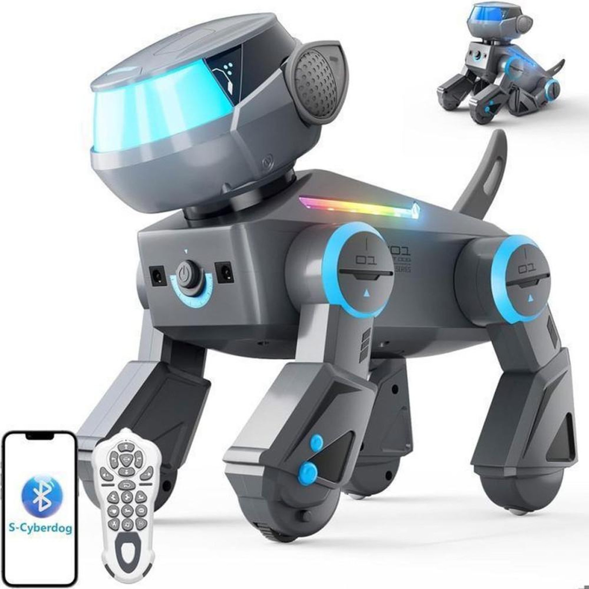 Voir la diapositive 1 : Chien robot télécommandé programmable Bluetooth gris, yeux LED multicolores, sons et musique, jusqu'à 100 actions
