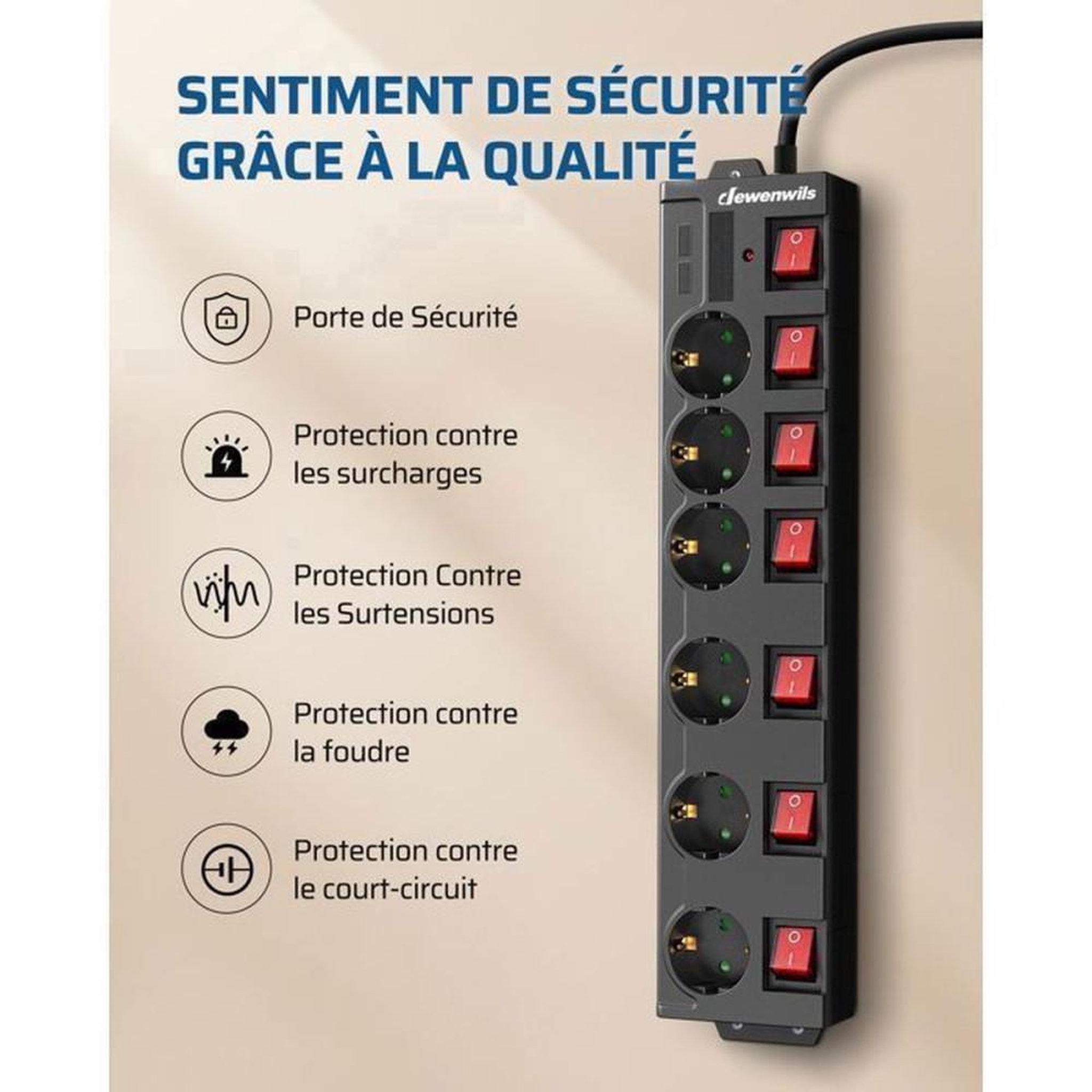 Voir la diapositive 5 : Multiprise électrique 6 prises 16 A 3680 W avec parafoudre, 5 m de câble, interrupteurs bipolaires individuels à voyants LED, montage mural ou sur bureau, noire