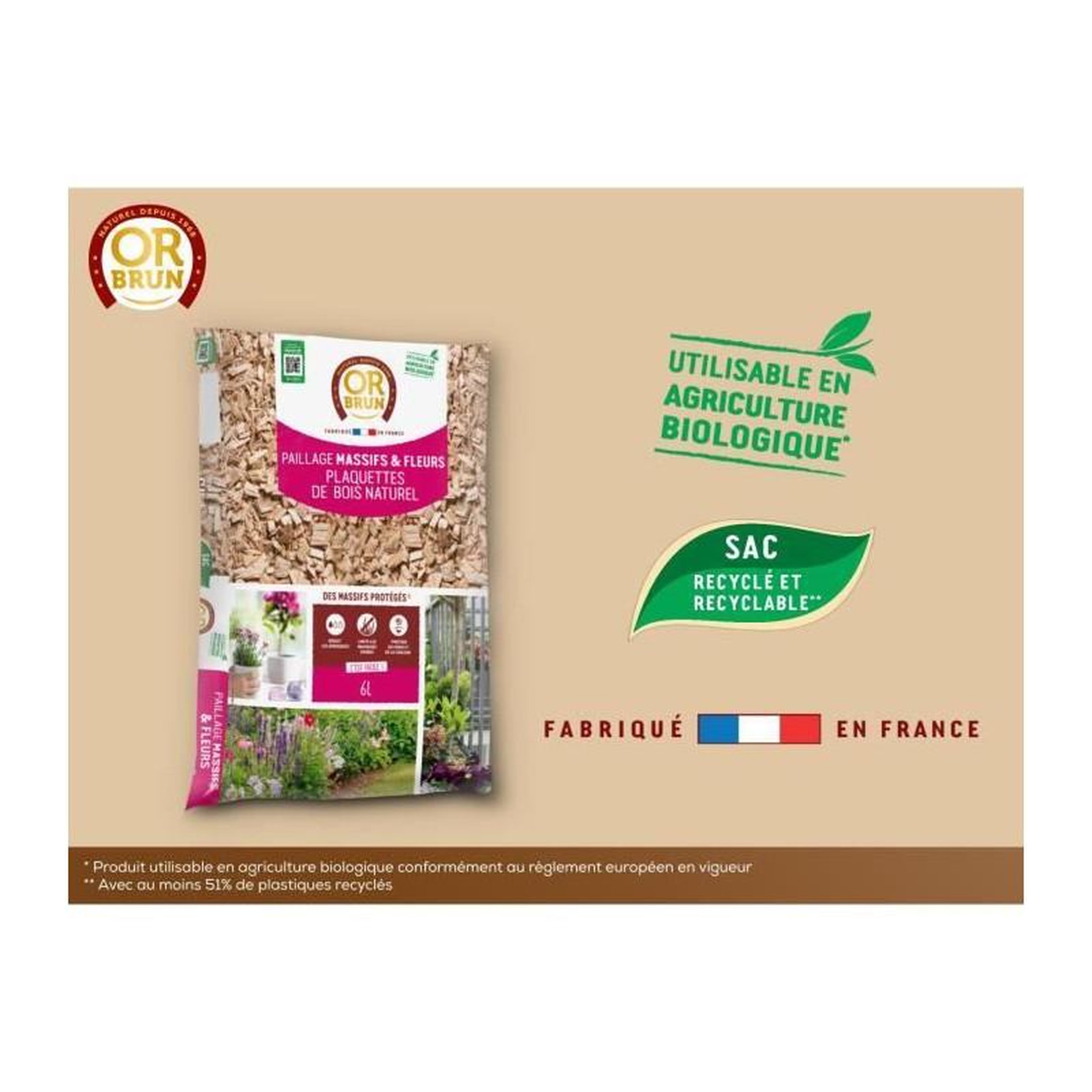 Voir la diapositive 3 : OR BRUN Paillage Massifs & Fleurs - OR BRUN - OBRPCLA6U - 6L - Plaquettes de bois naturel