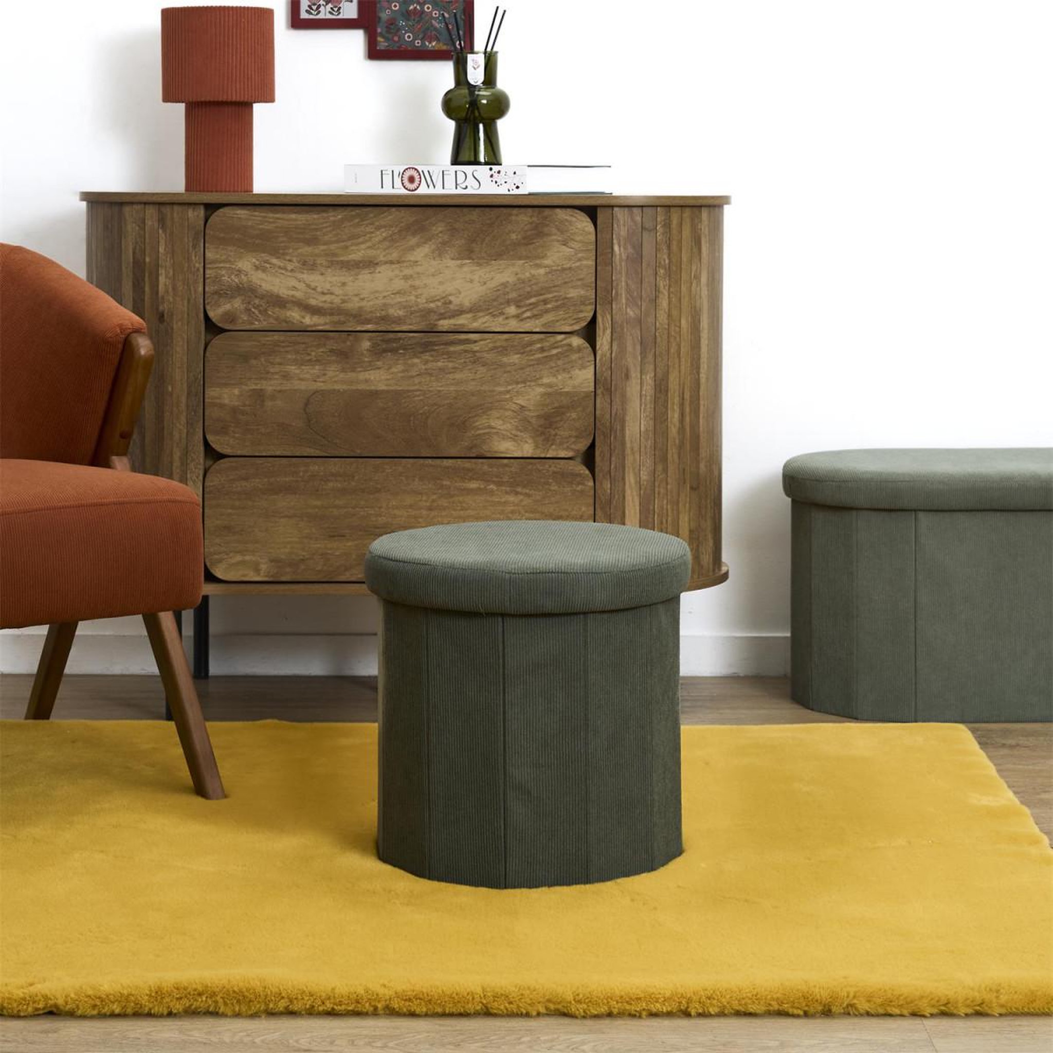 Voir la diapositive 5 : The Home Deco Factory Pouf coffre pliable côtelé  jules  38cm vert