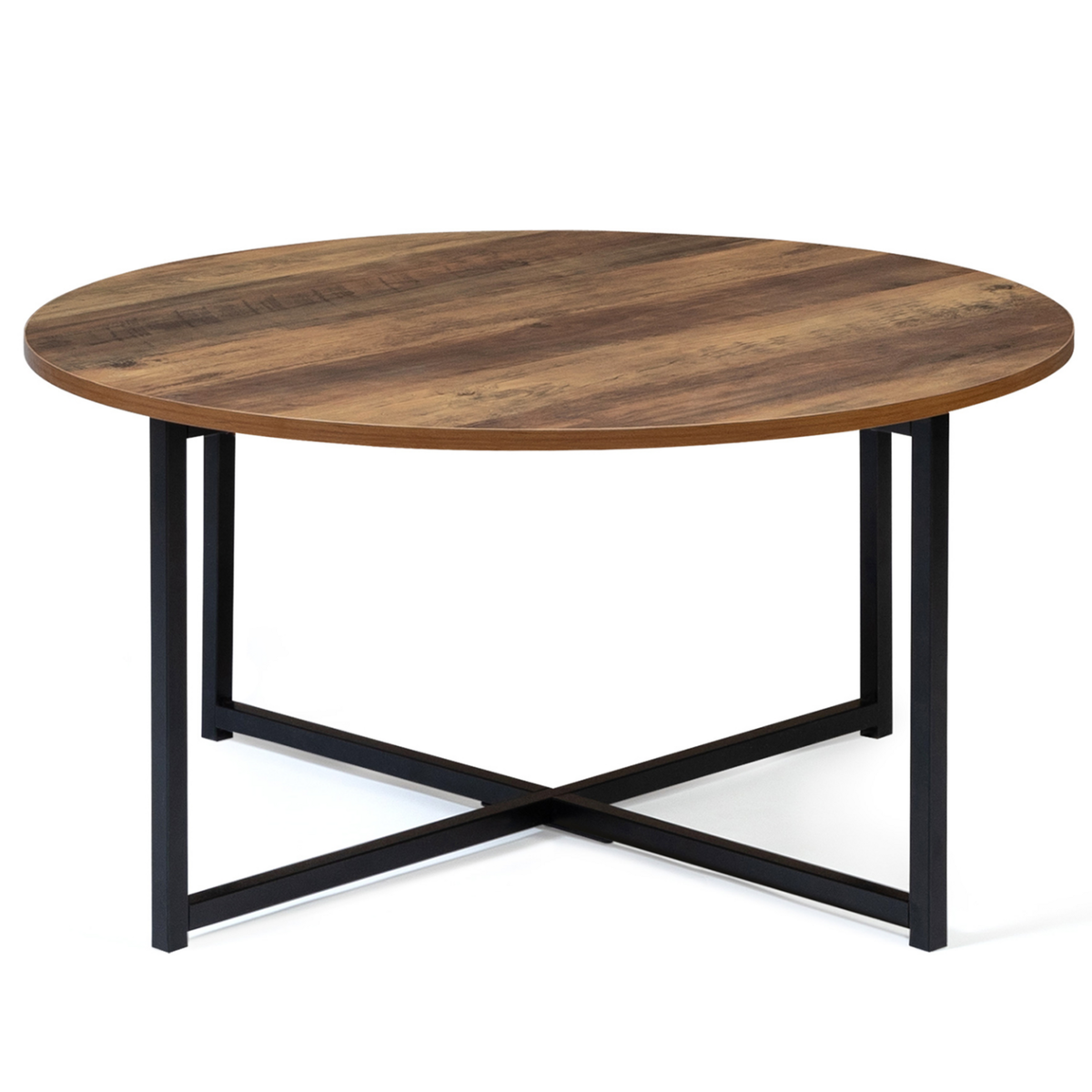 ID MARKET Table basse ronde HAWKINS 80 cm bois foncé design industriel