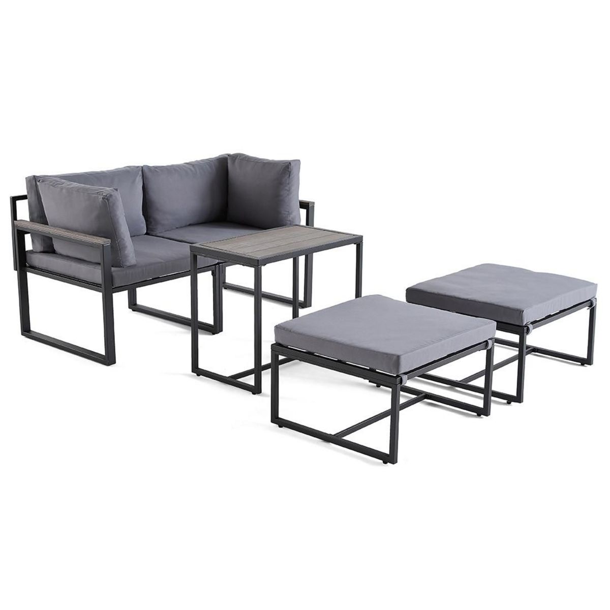 BEST MOBILIER Beyla – salon de jardin modulable en acier noir - 4 places - coussins gris