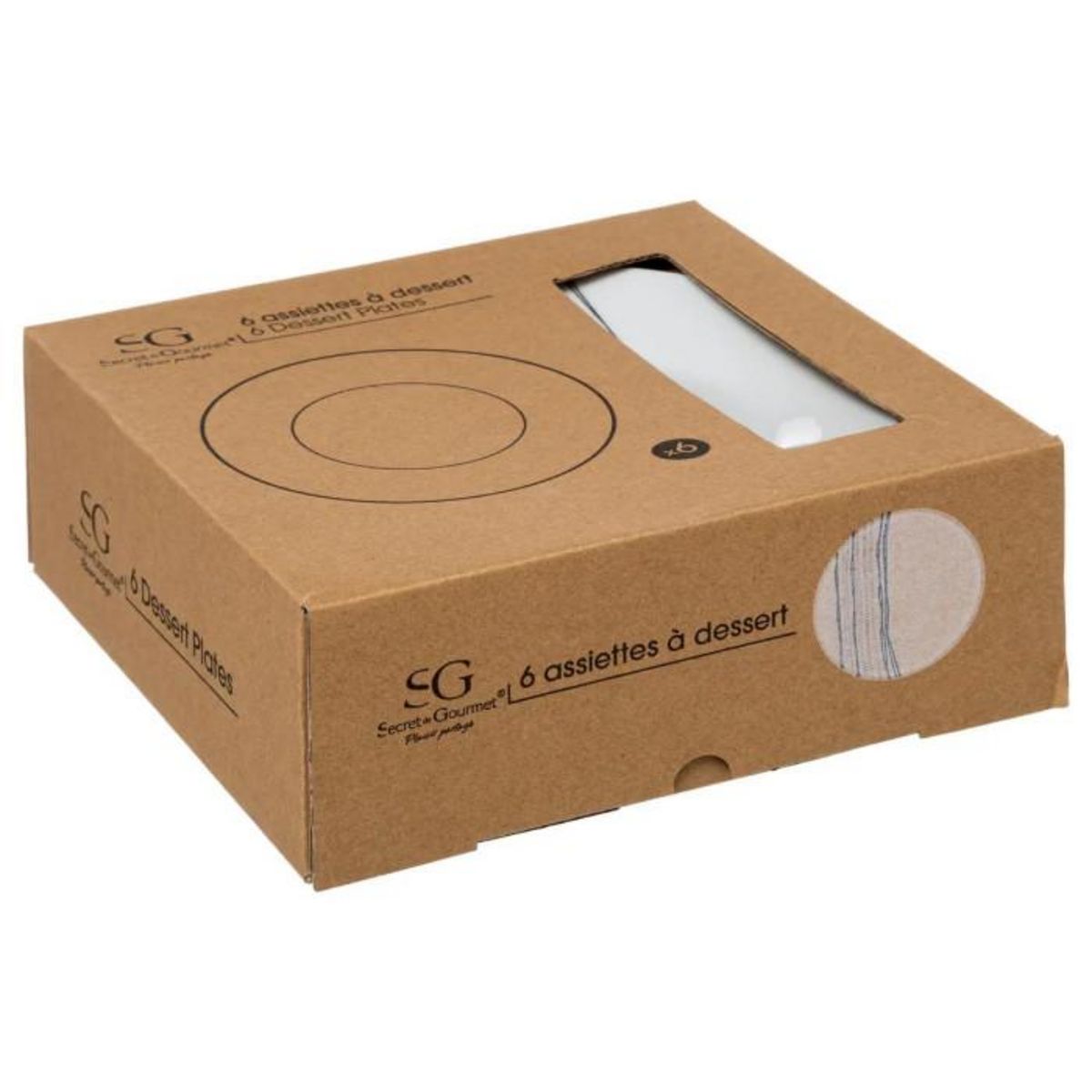 SECRET DE GOURMET Lot de 6 Assiettes à Dessert  Lignes  19cm Blanc