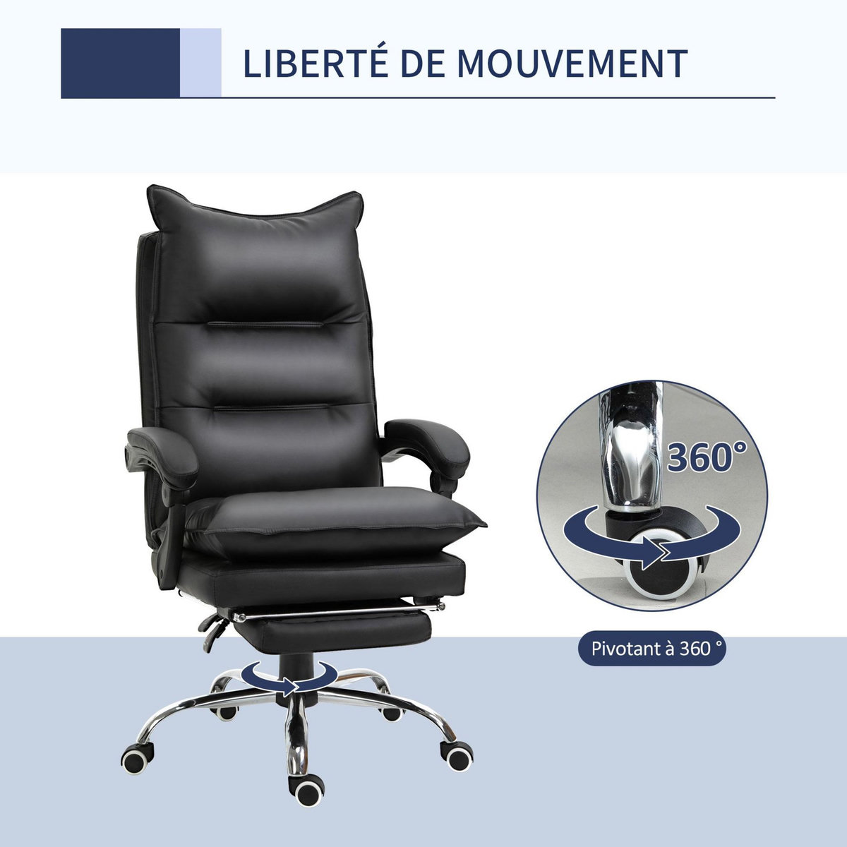 VINSETTO Fauteuil de bureau direction hauteur réglable dossier inclinable repose-pied intégré revêtement synthétique noir