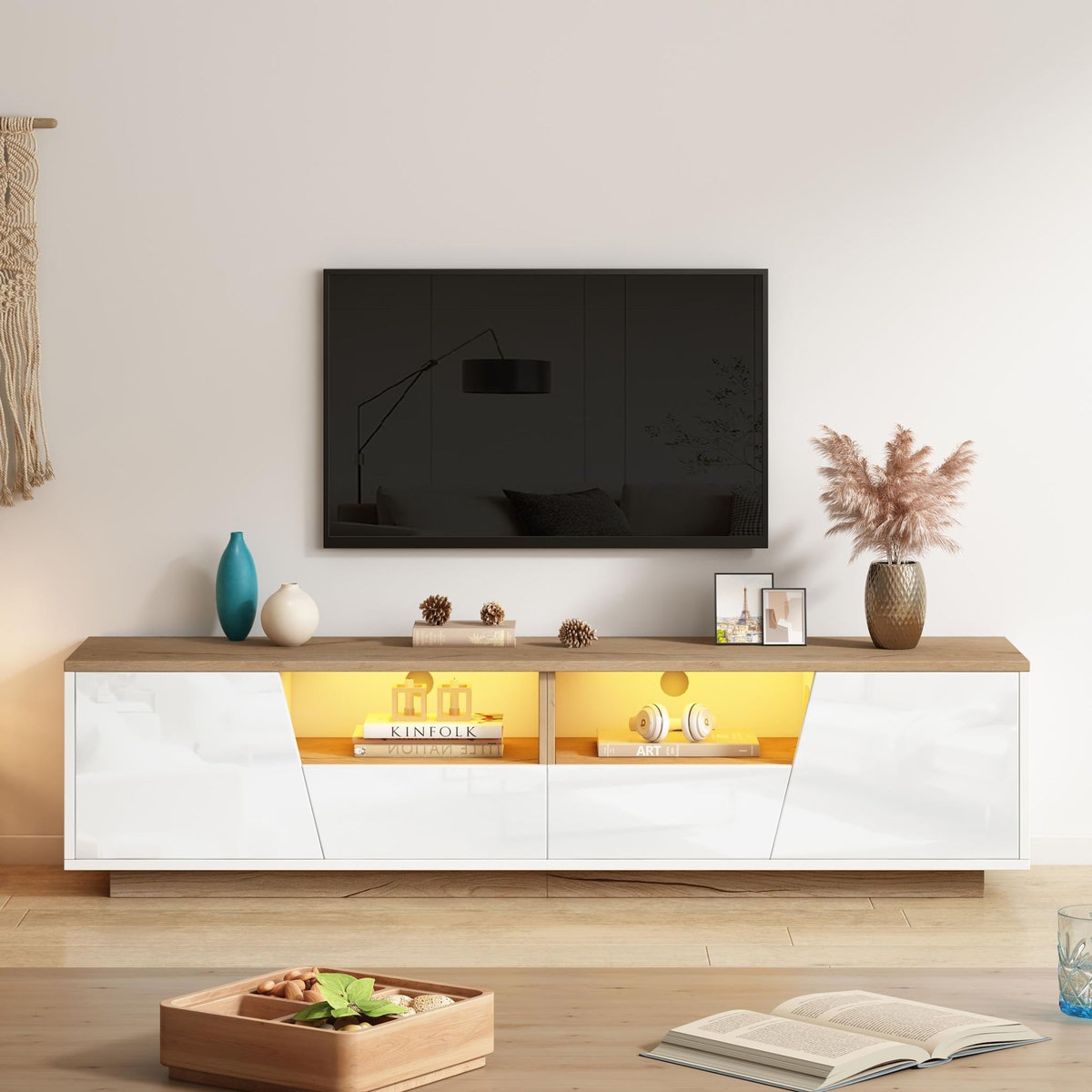 MERAX Meuble tv blanc+naturel 180 cm led panneau de particules