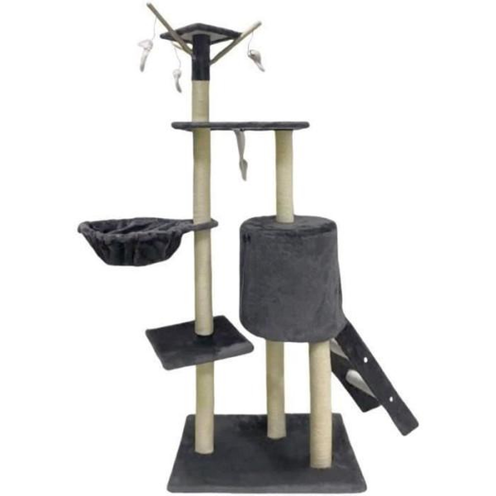 Voir la diapositive 2 : MARKET24 JIPSY Arbre a chat gris foncé 79 x 34 x 138 cm - 3 plateformes, 1 perchoir, 1 niche, 1 escalier, poteaux a griffer