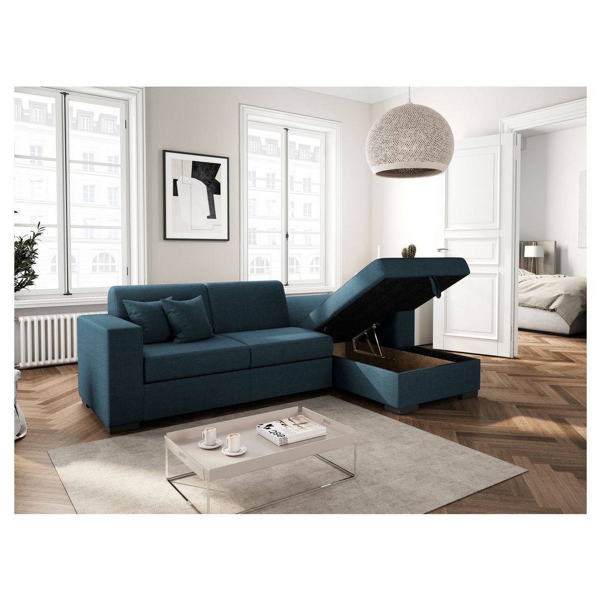 Canapé d'angle droit convertible 4 places avec coffre  de rangement revêtement tissu CARIBEA 