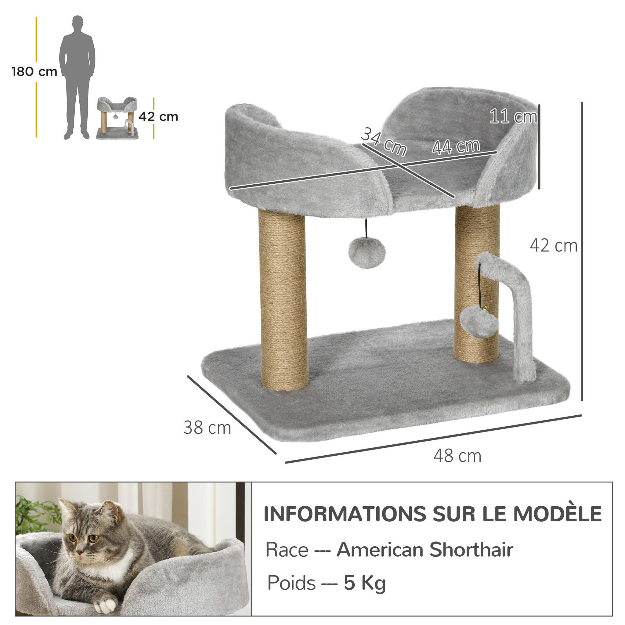 Voir la diapositive 3 : PAWHUT Arbre à chat 2 griffoirs jute naturelle panier jeu 2 boules suspendues avec clochettes peluche grise