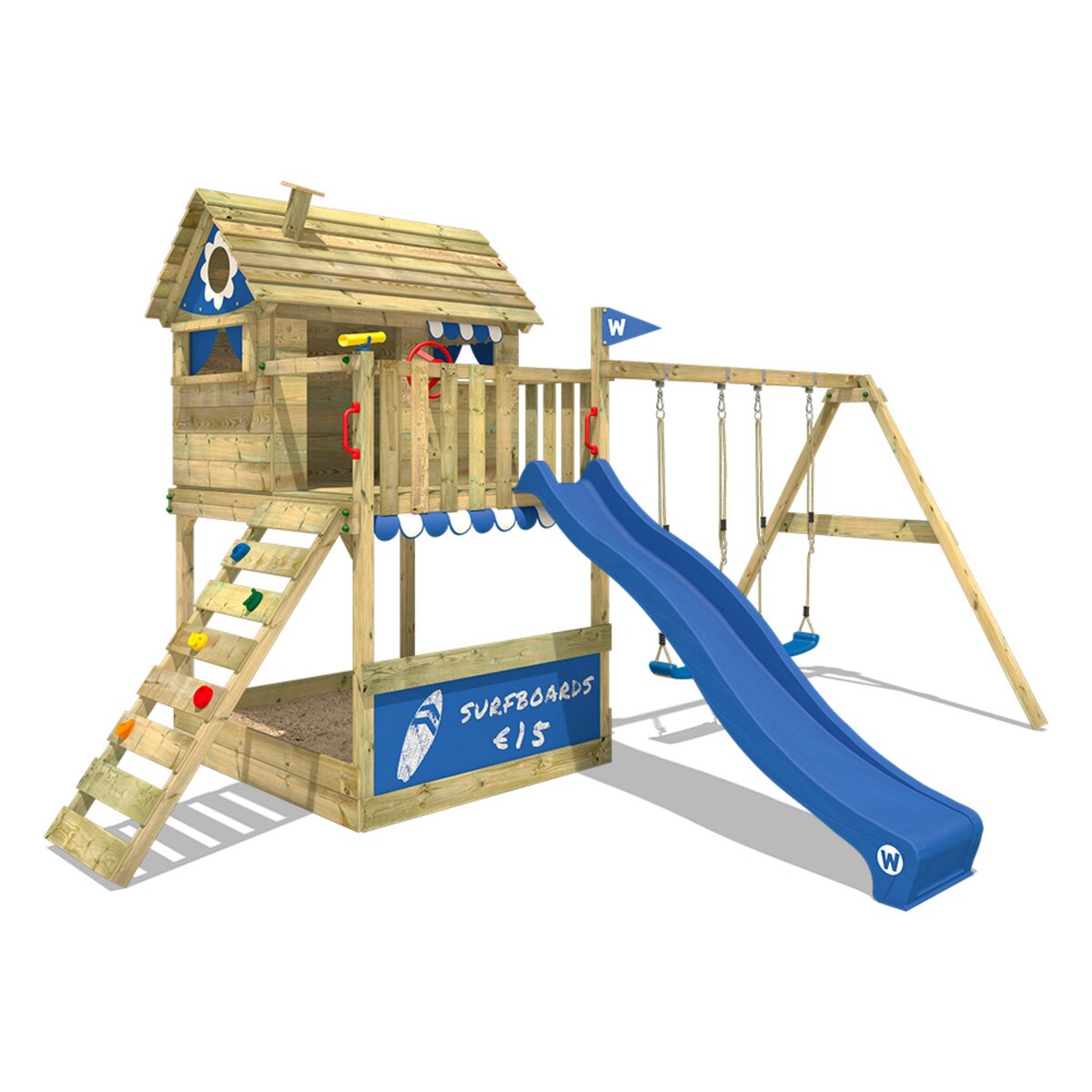 WICKEY Aire de jeux Portique bois Smart Seaside avec balançoire et toboggan bleu