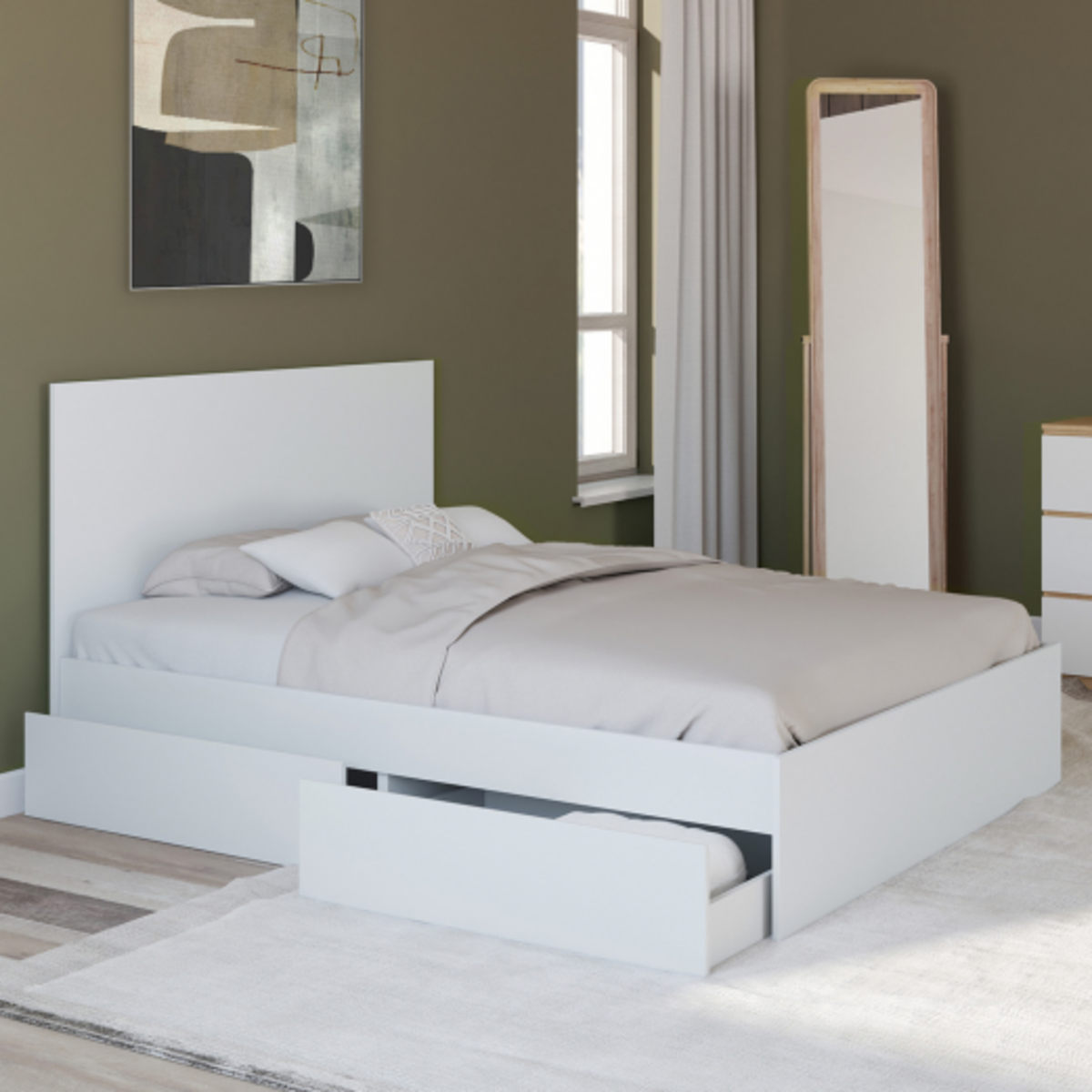 ID MARKET Lit double OMAHA 4 tiroirs sur roulettes avec tête de lit et sommier 140 x 190 cm blanc