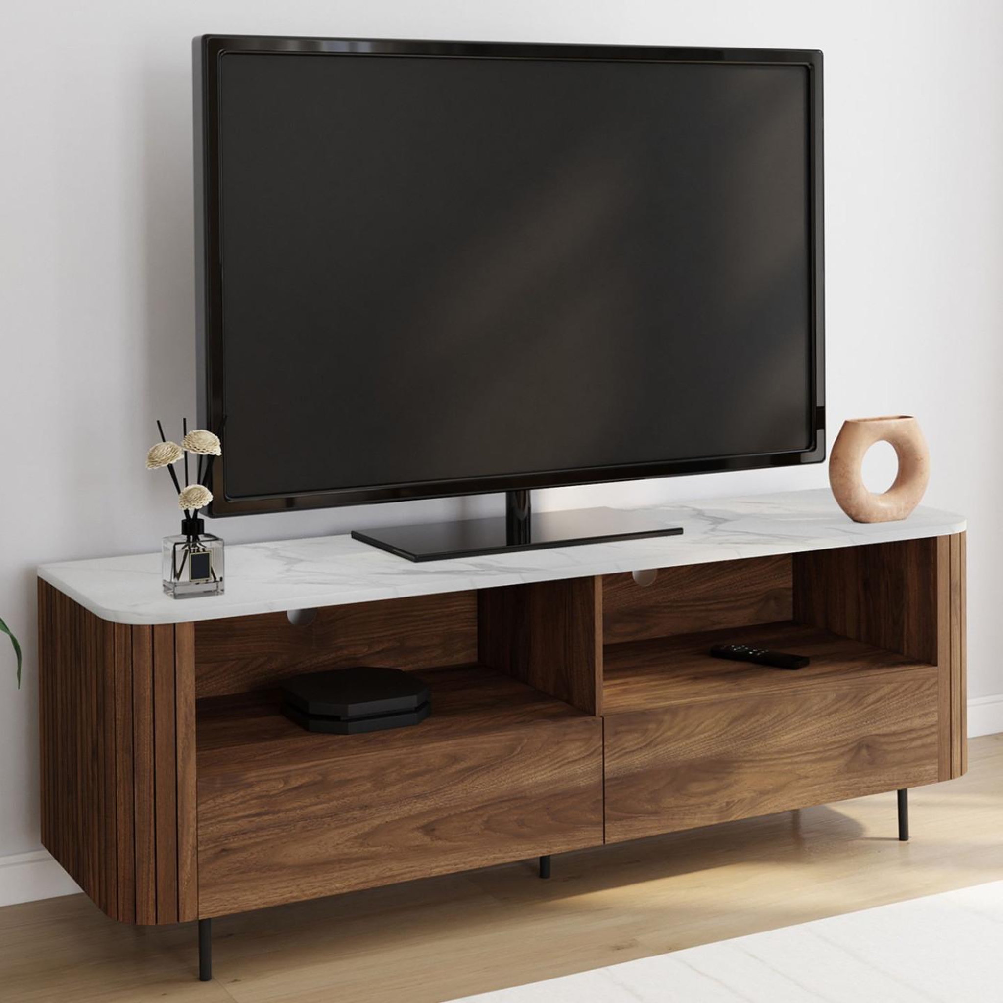 Voir la diapositive 2 : ID MARKET Meuble tv 140 cm marla noyer effet lattes 2 tiroirs et plateau marbre blanc alaska