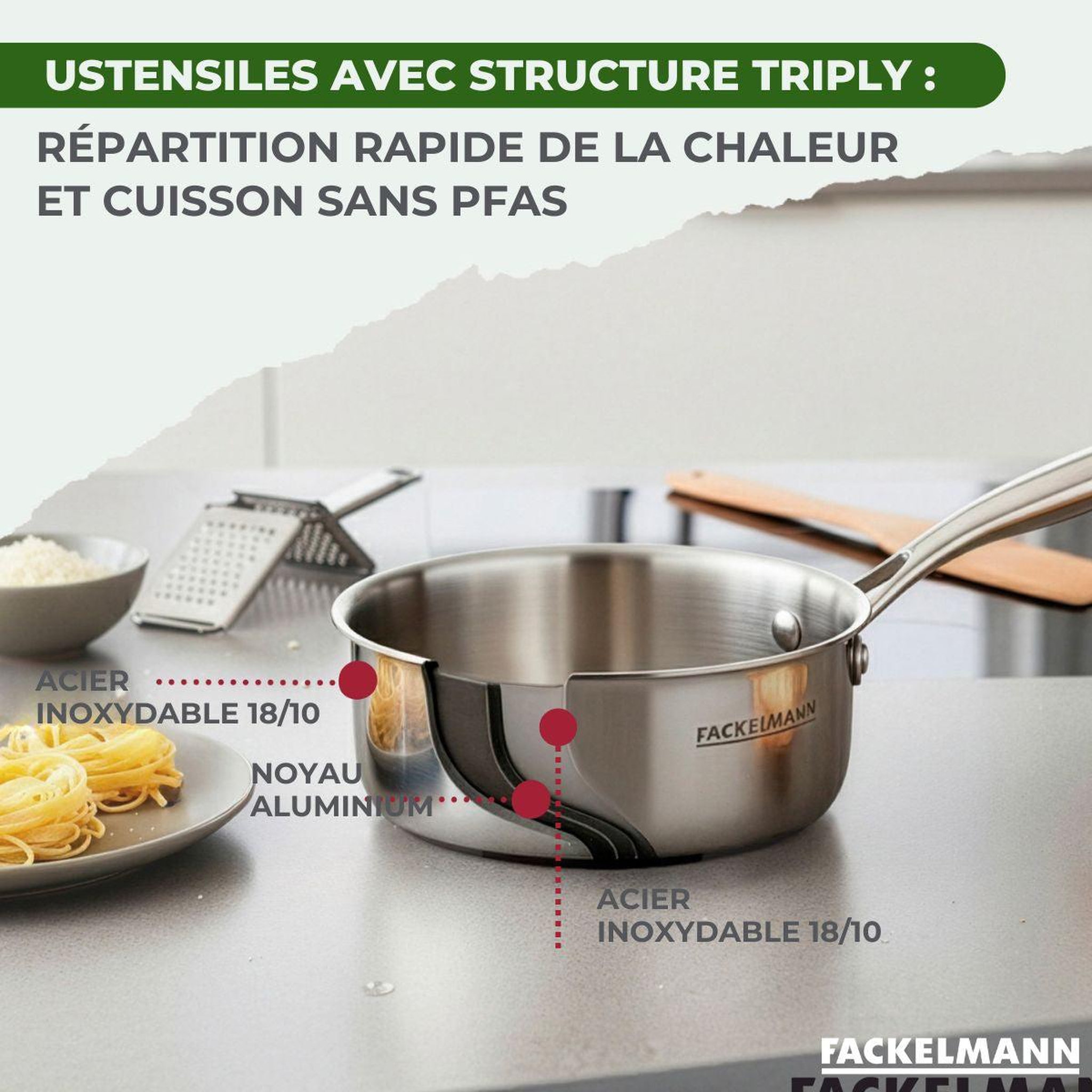 Voir la diapositive 5 : Fackelmann Batterie de cuisine avec 1 poêle de cuisson 28 cm et 2 casseroles 14/18 cm en inox sans pfas fackelmann vita3