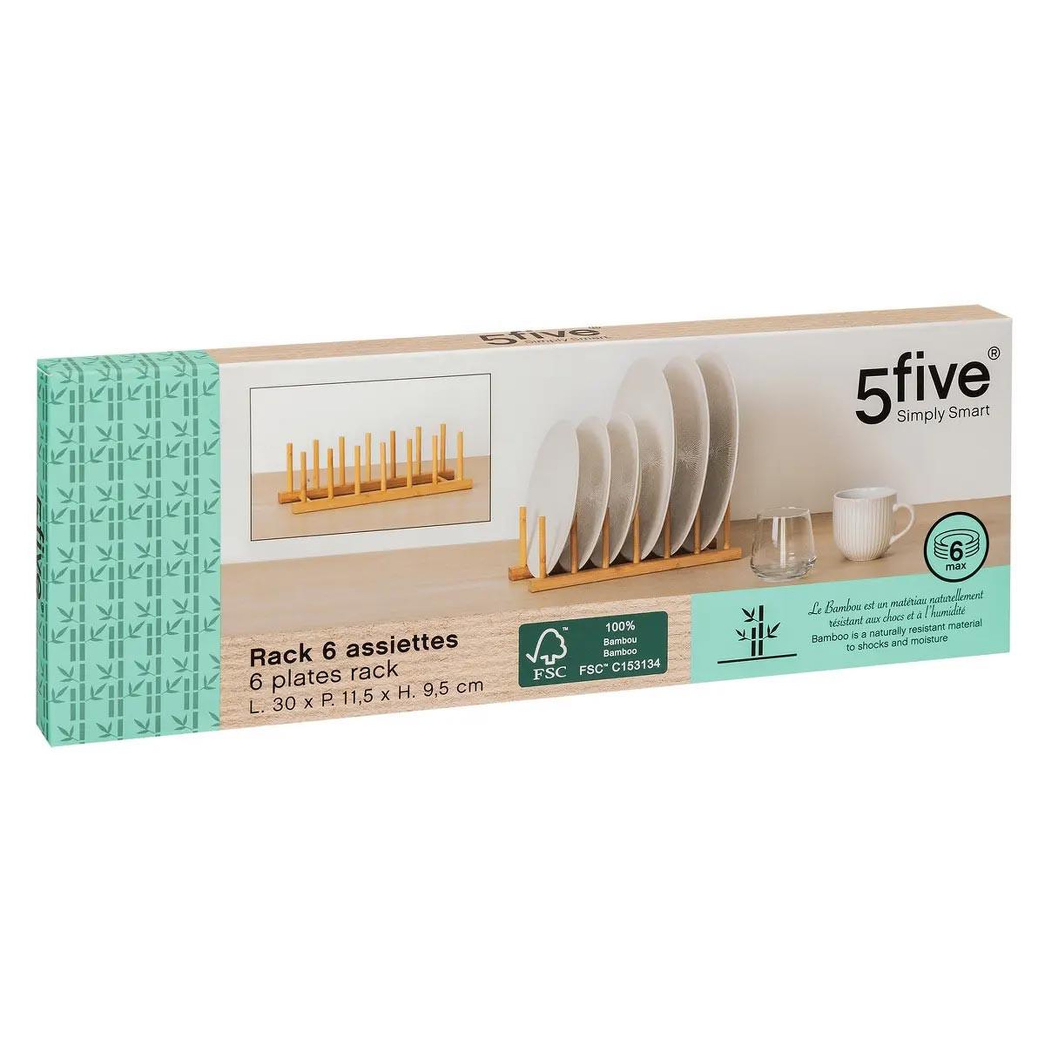 Voir la diapositive 4 : FIVE Rack de rangement 6 assiettes  bambou  30cm naturel