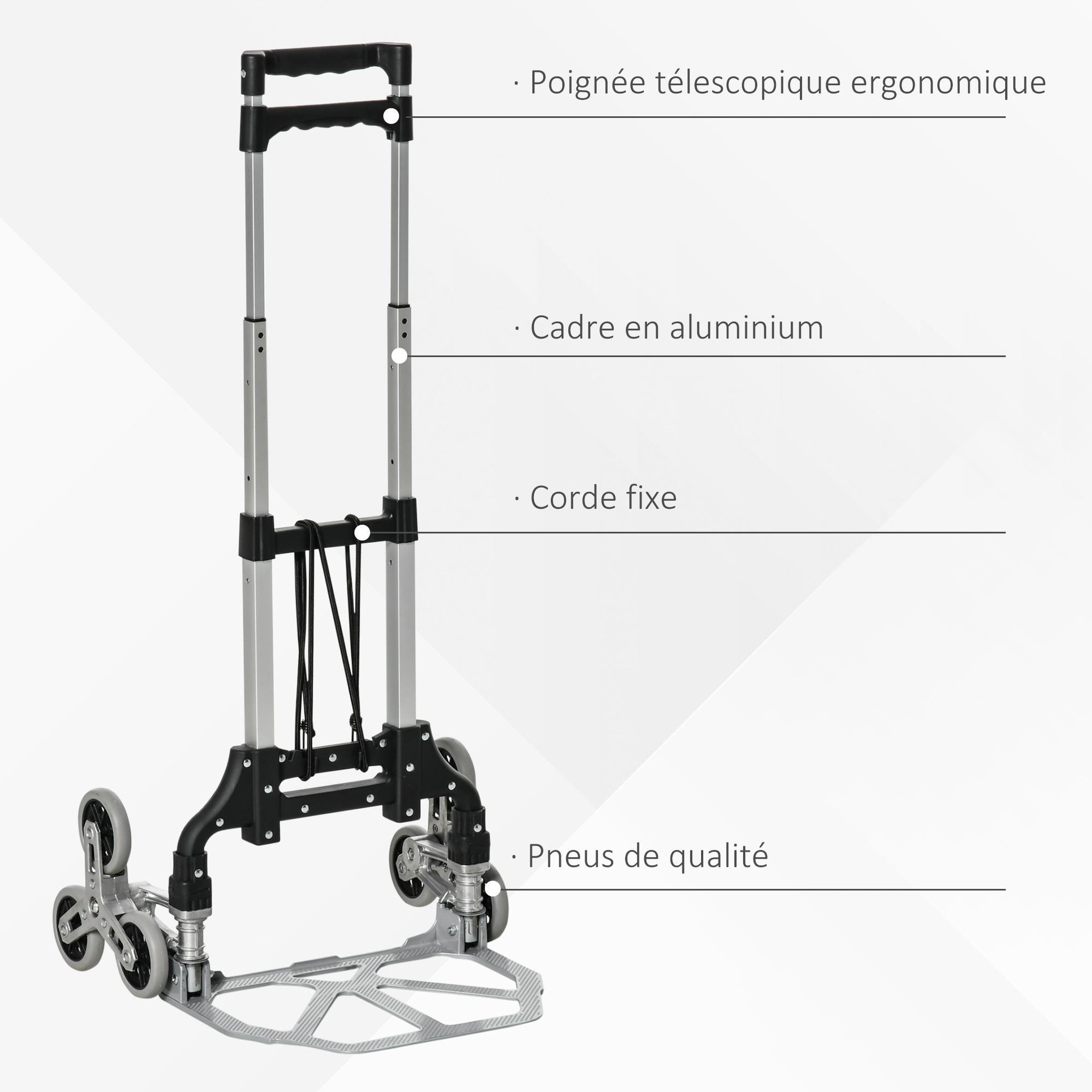 Voir la diapositive 4 : HOMCOM Diable pour escalier 6 roues diable repliable 70 Kg - poignée télescopique - chariot de manutention pliable alu. Noir