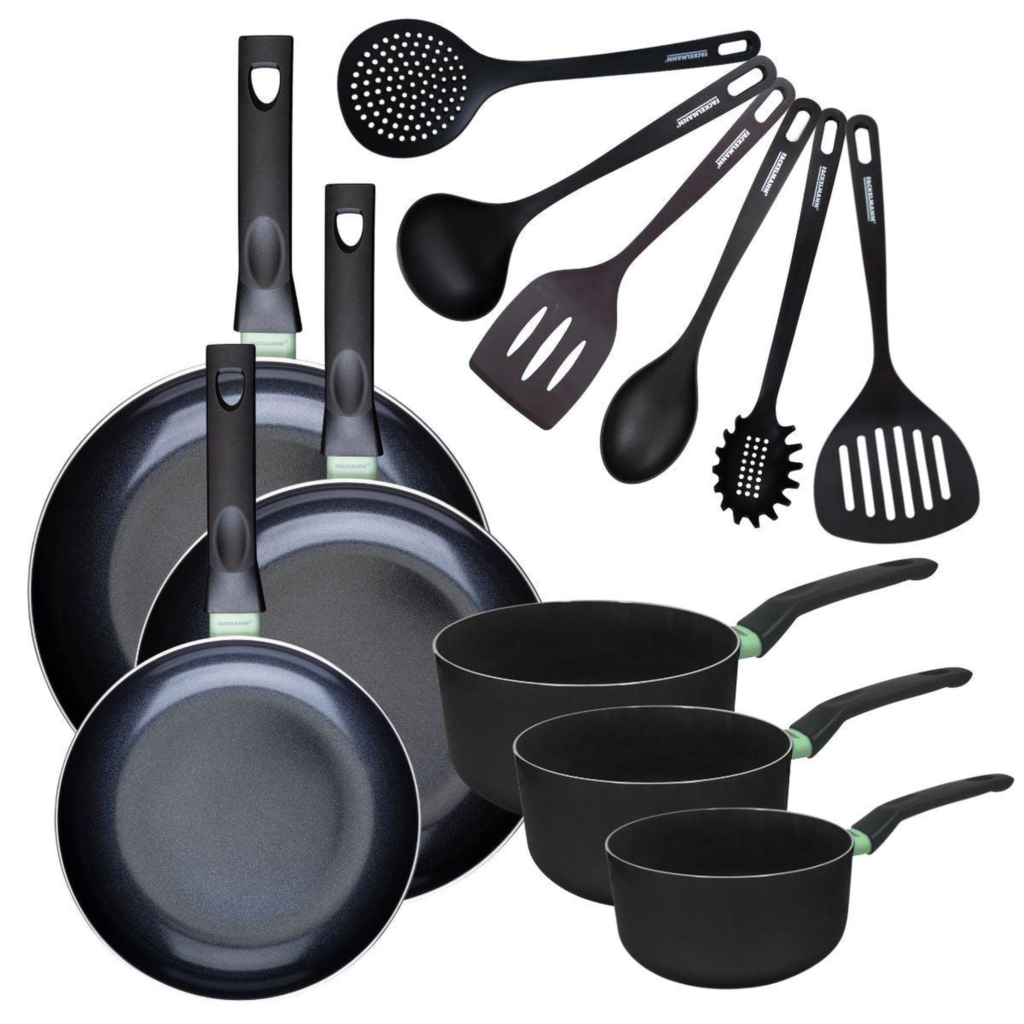 Fackelmann Set de 3 poêles 24 28 et 30 cm et 3 casseroles 16, 18 et 20 cm antiadhésives céramique et 6 ustensiles fackelmann brandao