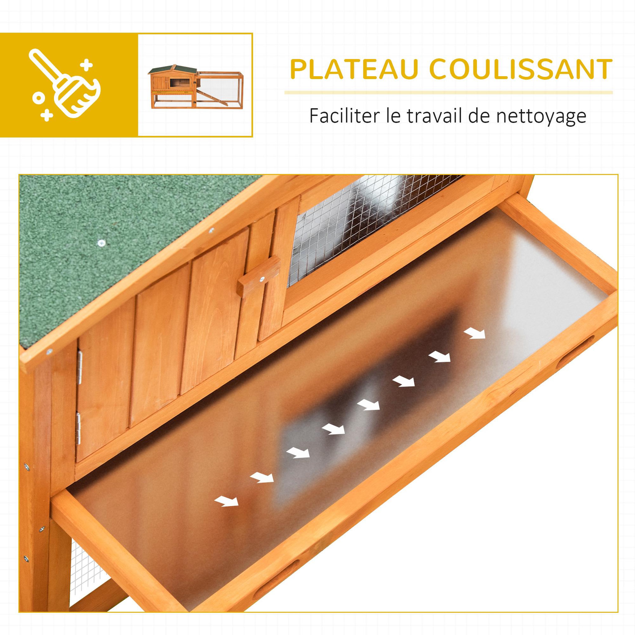 Voir la diapositive 6 : PAWHUT Clapier cage à lapins rongeurs 2 étages tiroir déjection enclos extérieur toit ouvrant dim. 156L x 58l x 68H cm bois sapin pré-huilé