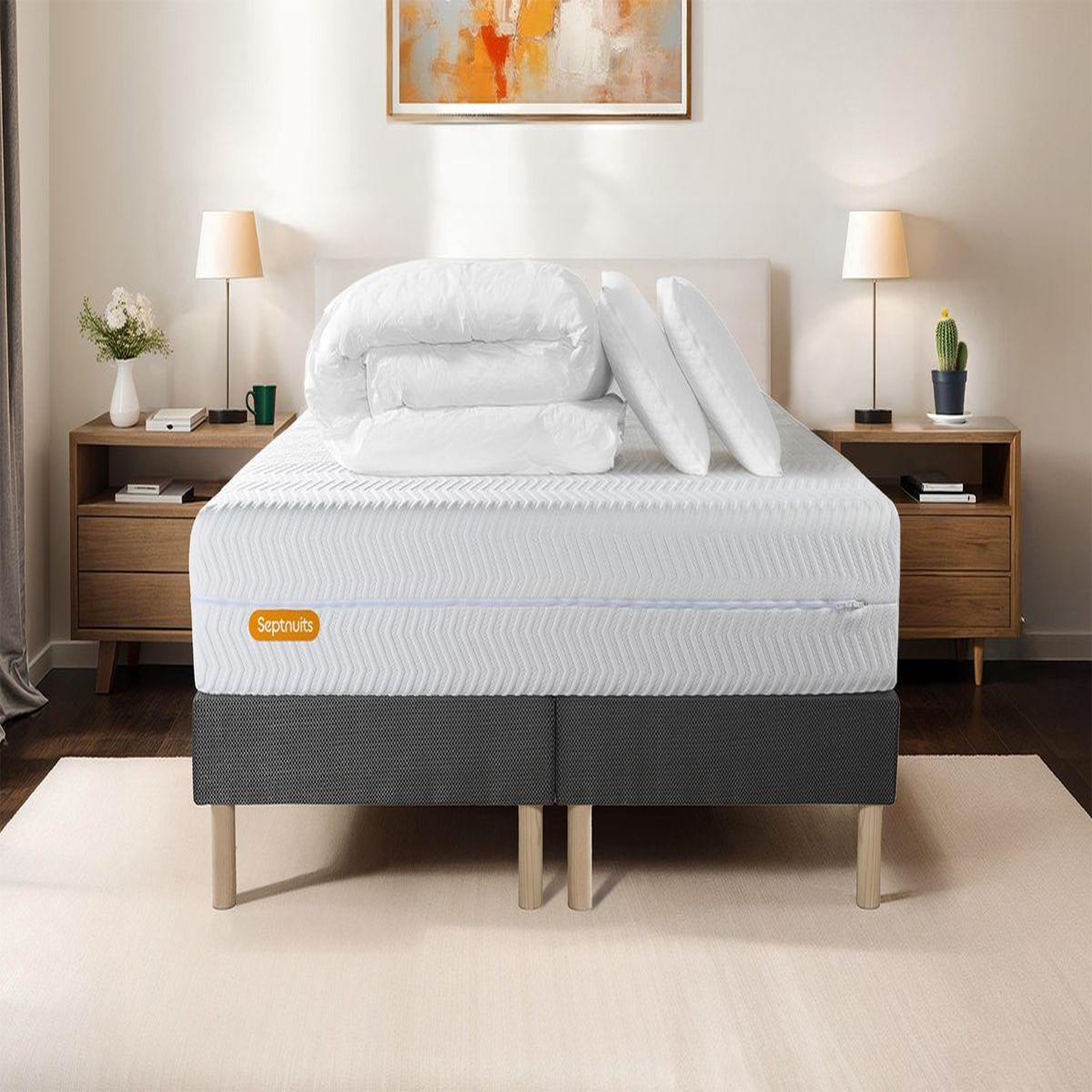 Voir la diapositive 1 : SEPTNUITS PACK Matelas + double sommiers gris  Memo Bio  Mousse à mémoire de forme 5 zones de confort Maxi épaisseur