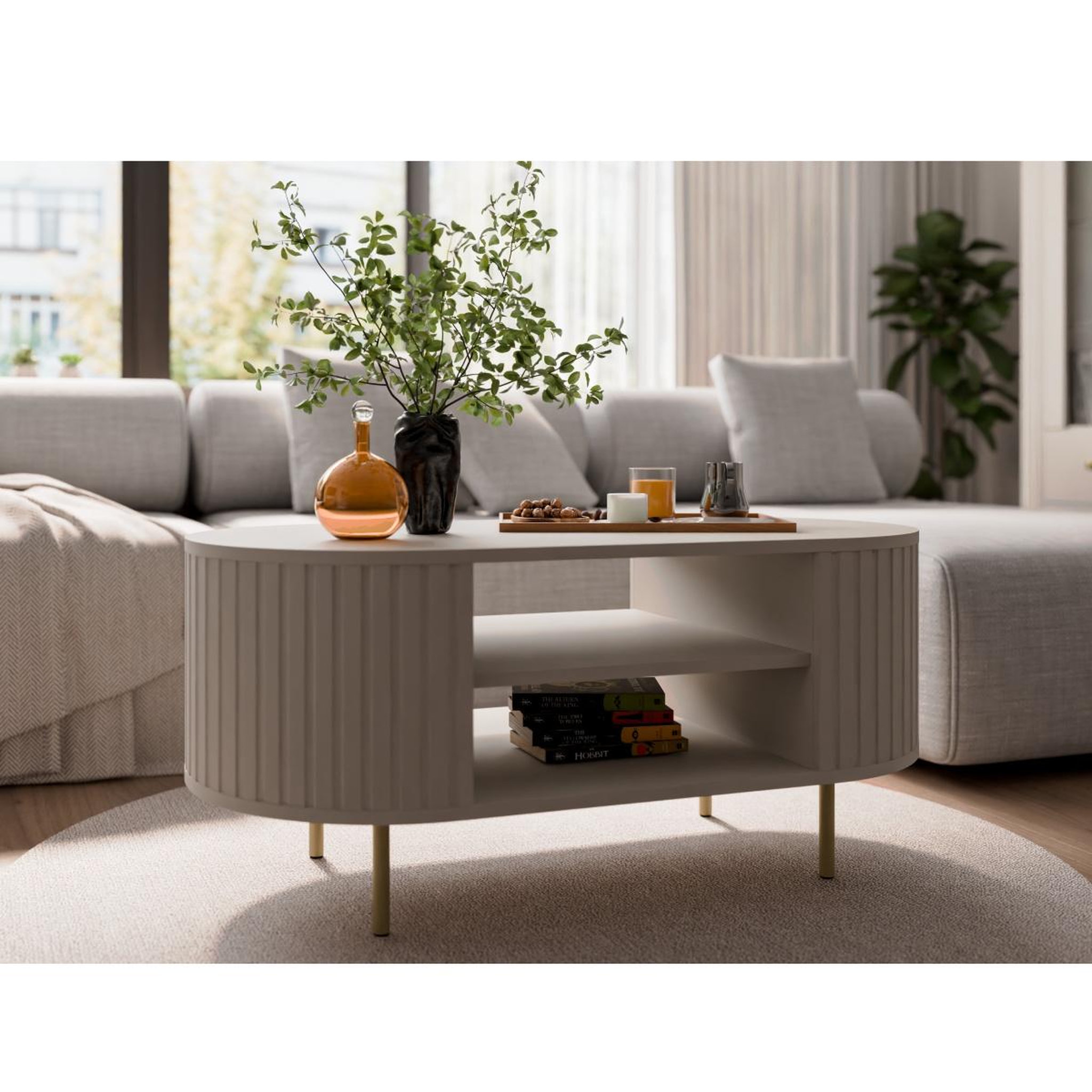 Voir la diapositive 4 : JLC KREATION Table basse moderne ovale beige cachemire lilio