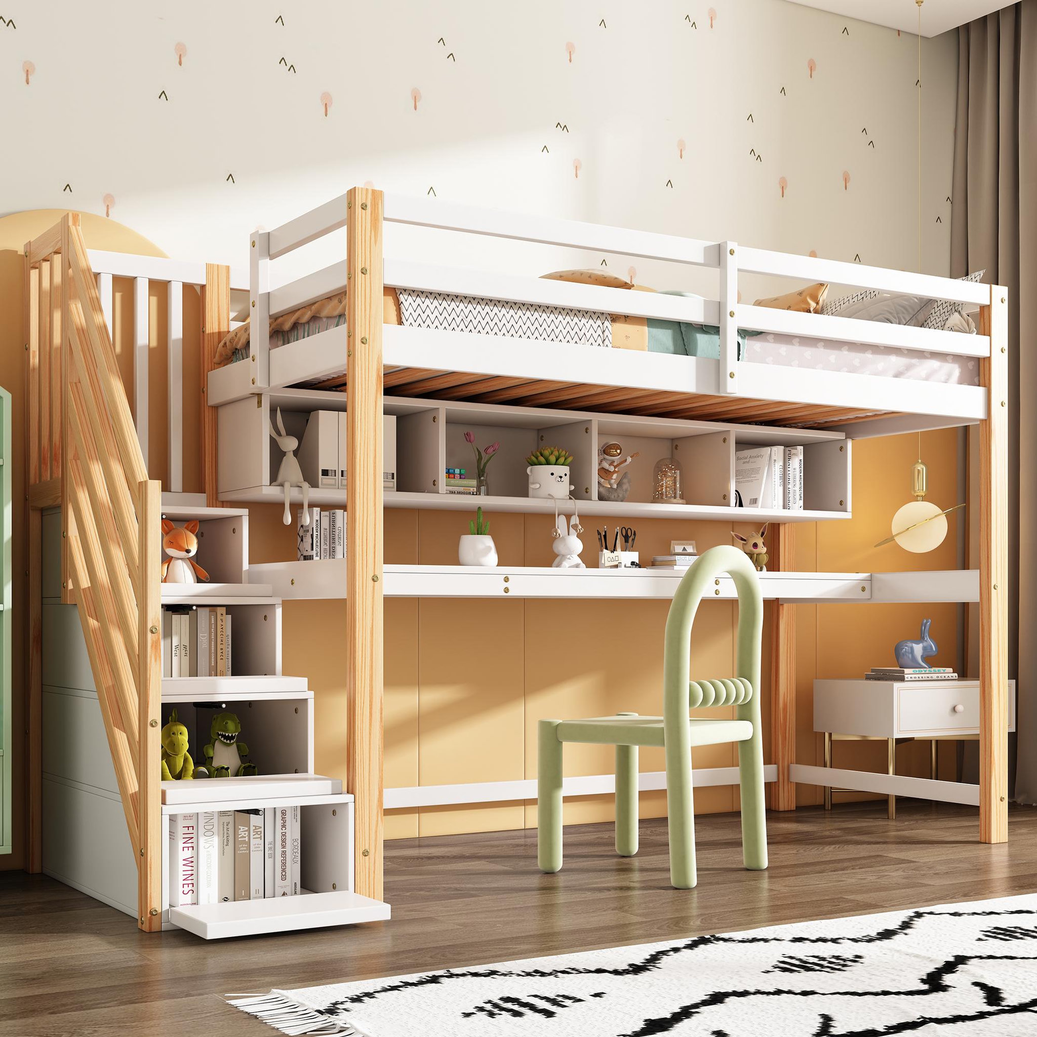 Voir la diapositive 2 : MERAX Lit combiné enfant 90x200cm bois coloris blanc+naturel