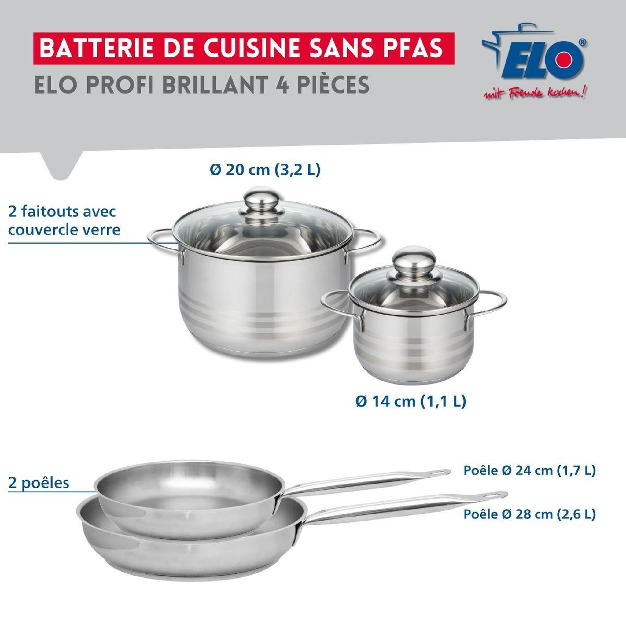 Voir la diapositive 2 : ELO Ensemble de 2 poêles de cuisson 24 et 28 cm et 2 faitouts 14 et 20 cm elo profi brillant
