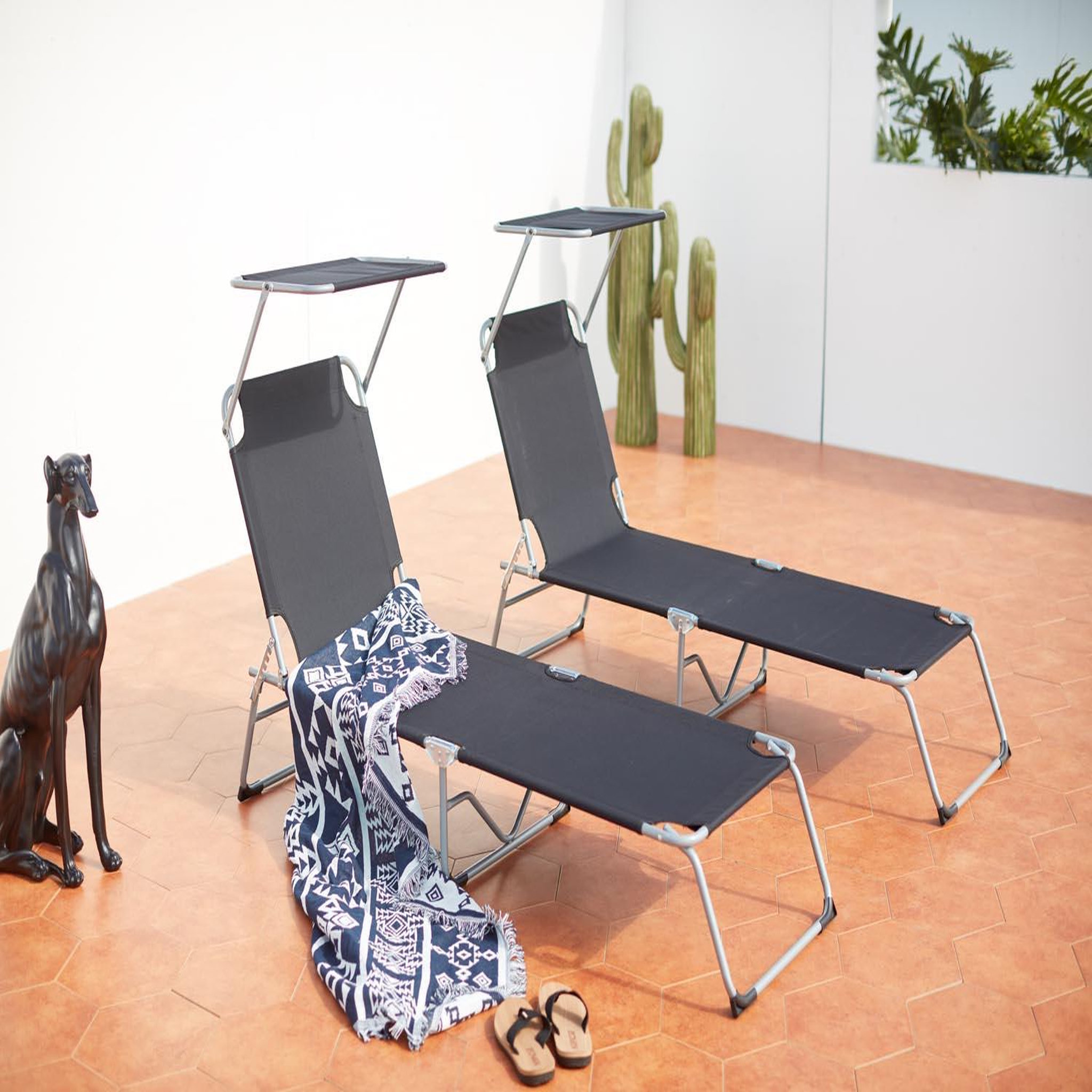 Voir la diapositive 2 : CONCEPT USINE Lot de 2 transats noirs avec pare soleil PALOPO