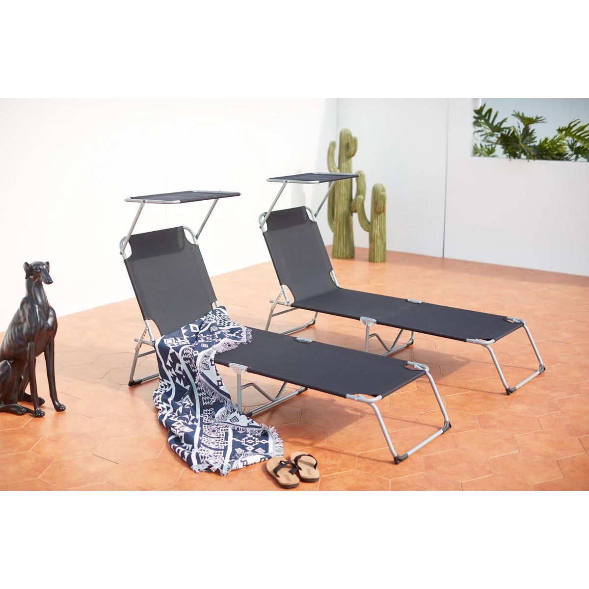 CONCEPT USINE Lot de 2 transats noirs avec pare soleil PALOPO