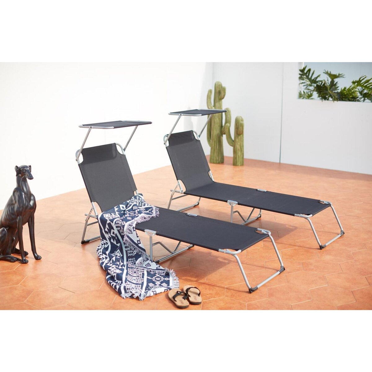 CONCEPT USINE Lot de 2 transats noirs avec pare soleil PALOPO