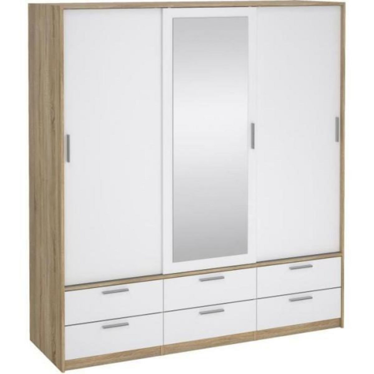 MARKET24 Armoire - Décor Blanc et chene + miroir - 3 portes coulissantes - 6 tiroirs - L181,4 x P60,25 x H200 cm - ONTARIO
