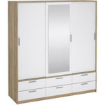 MARKET24 Armoire - Décor Blanc et chene + miroir - 3 portes coulissantes - 6 tiroirs - L181,4 x P60,25 x H200 cm - ONTARIO