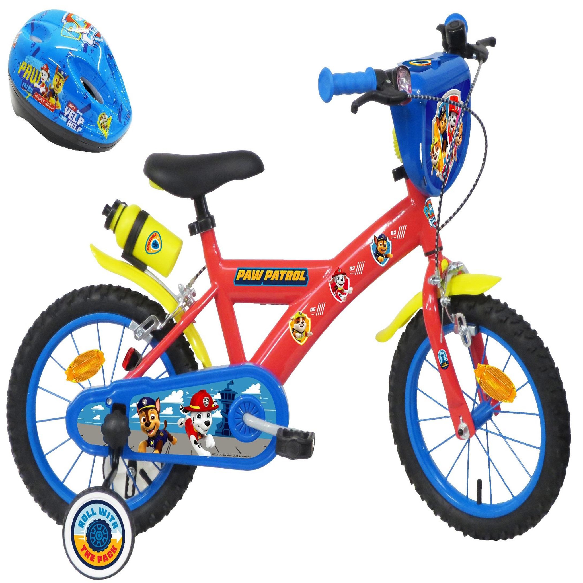 Nickelodeon Vélo enfant - Modèle 14'' Pat Patrouille  + Casque  pour enfant de 95/110 cm avec stabilisateurs - 2 freins - Plaque décorative avant - Porte bidon