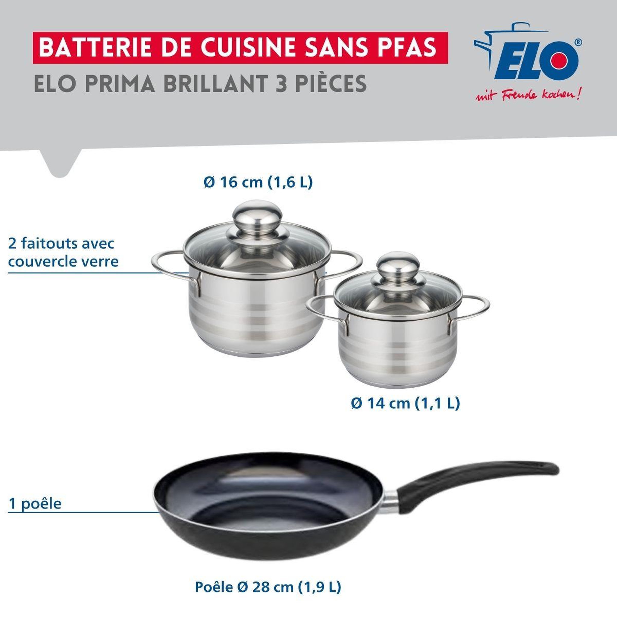 Voir la diapositive 2 : ELO Ensemble de 1 poêle de cuisson 28 cm et 2 faitouts 14 et 16 cm elo prima brillant