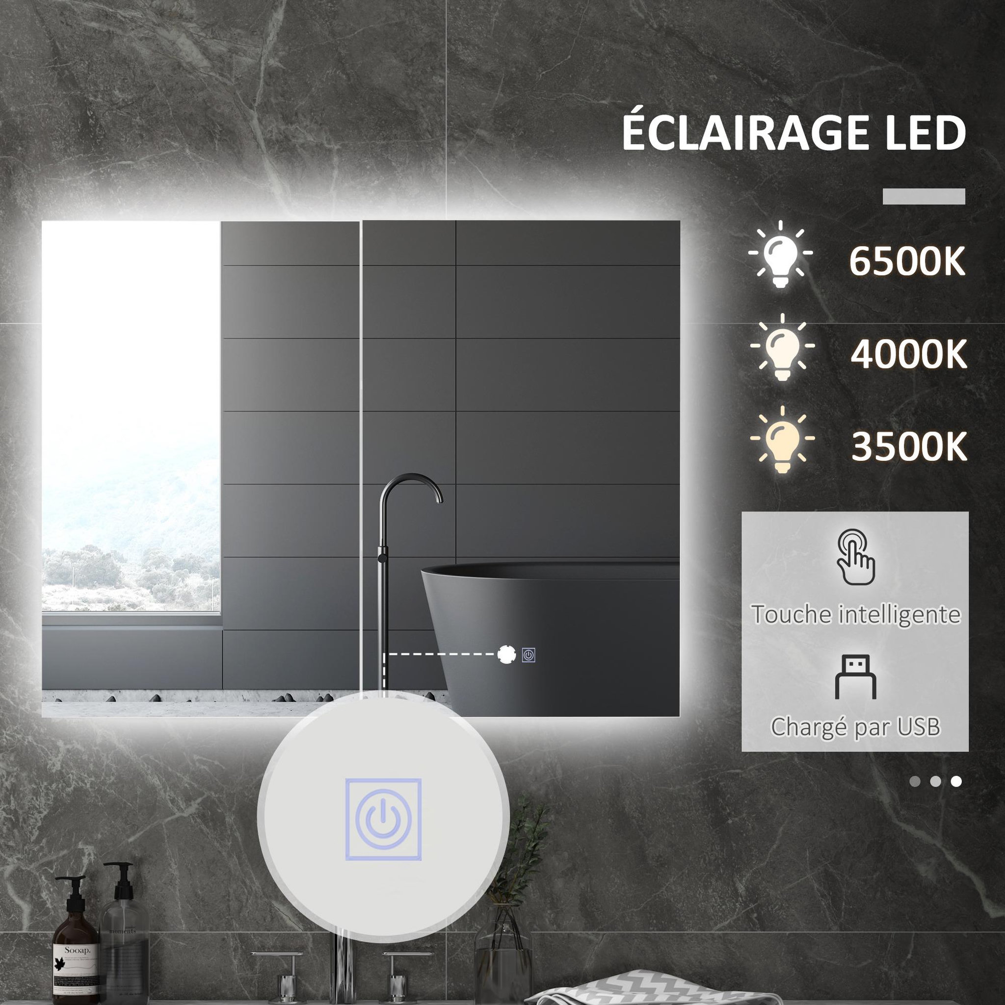 Voir la diapositive 5 : KLEANKIN Armoire miroir led de salle de bain - 2 portes, 2 étagères - tactile, lumière réglable - mdf blanc laqué verre
