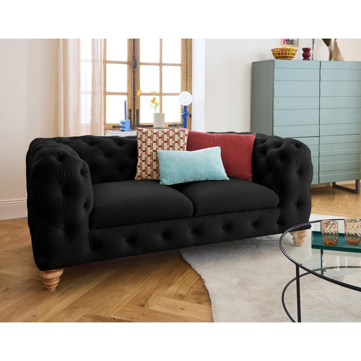 LISA DESIGN Walter - canapé 2 places chesterfield en velours - pieds bois