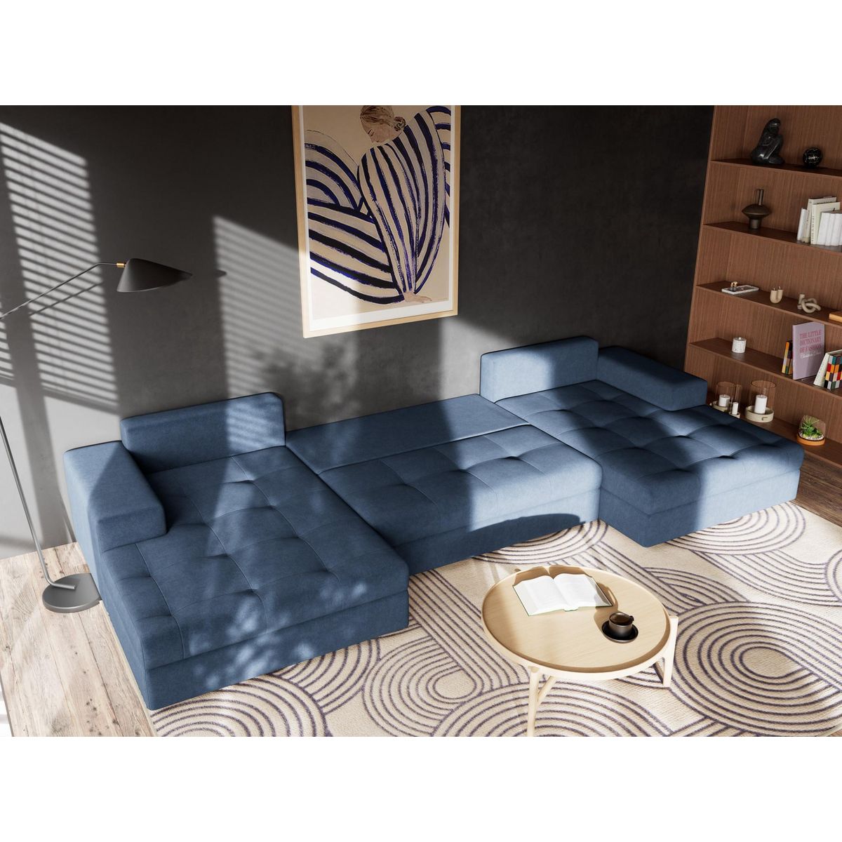 BEST MOBILIER Bastian - canapé panoramique en u 7 places convertible avec coffre en velours texturé