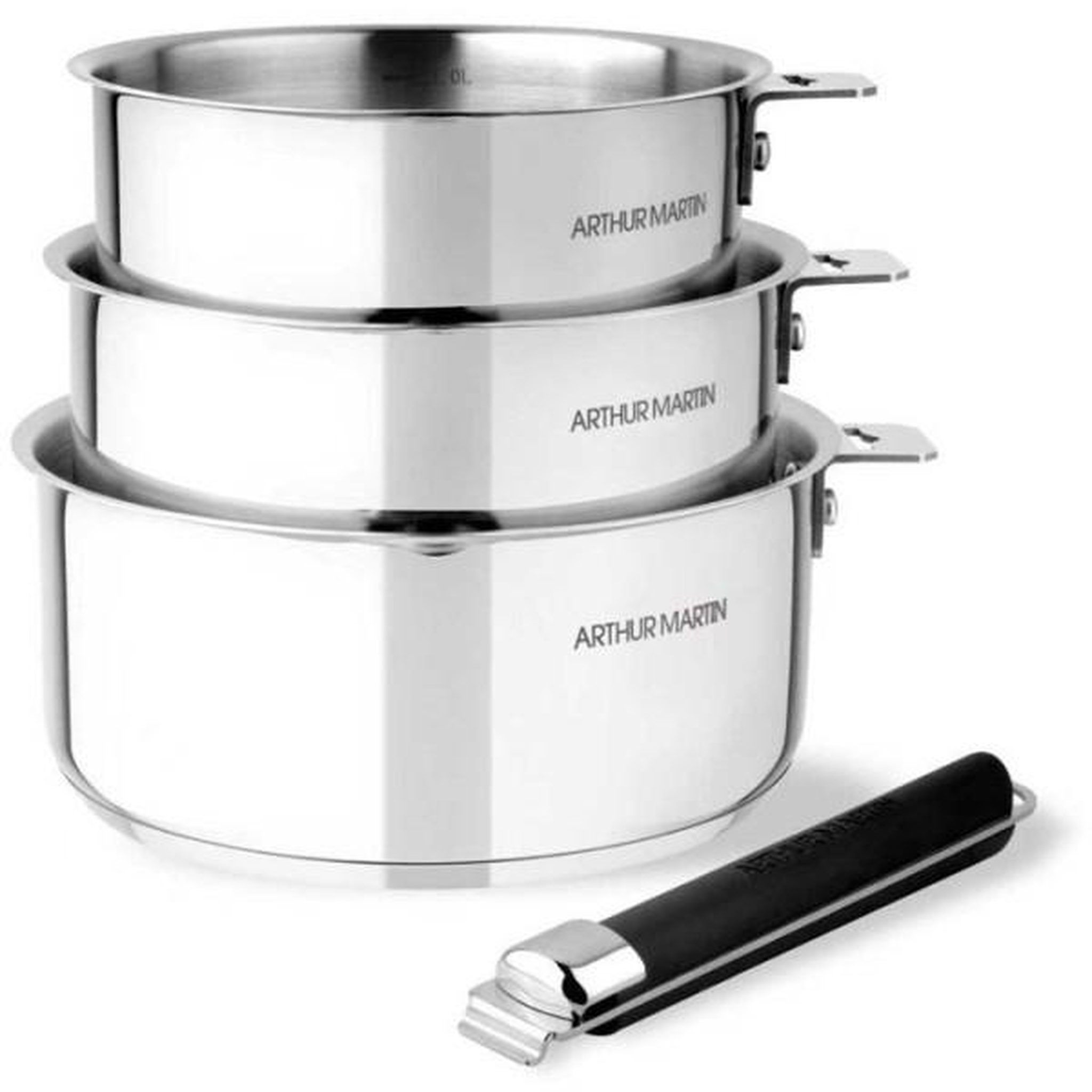 Arthur Martin Set de 3 casseroles - ARTHUR MARTIN – 16-18-20 cm - Acier Inoxydable - Tous feux dont induction – poignée amovible