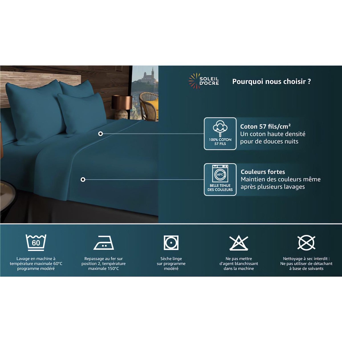 SOLEIL D'OCRE Drap plat en coton 57 fils UNI, par Soleil d'ocre