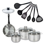 Fackelmann Set de 1 poêle 20 cm en inox, couvercle verre, 3 faitouts inox 16, 20 et 24 cm et 6 ustensiles RPET Fackelmann Geneva