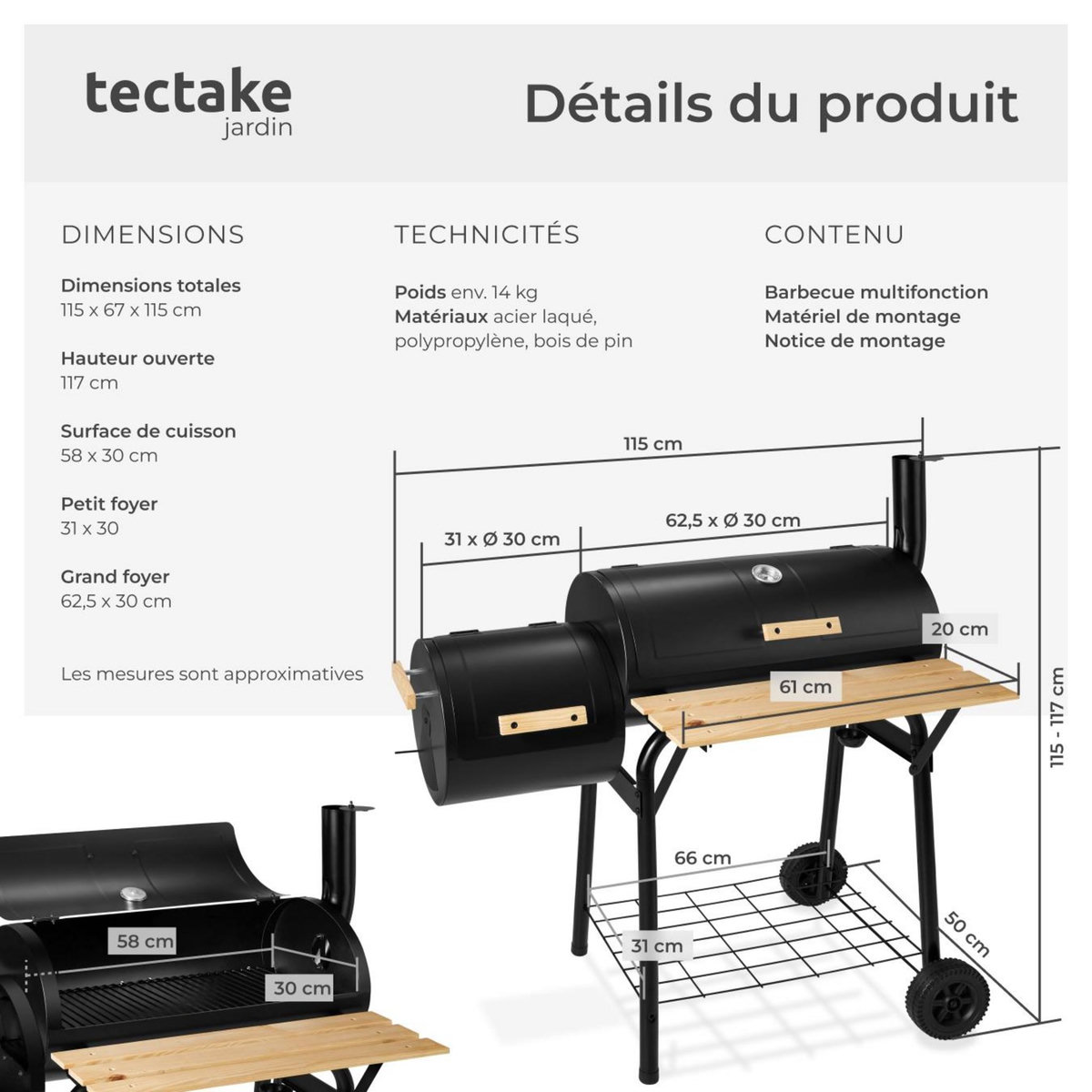 tectake Barbecue charbon 2 cuves avec thermomètre 3-en-1 pour grillades, fumage, cuisson, sur 2 roues noir