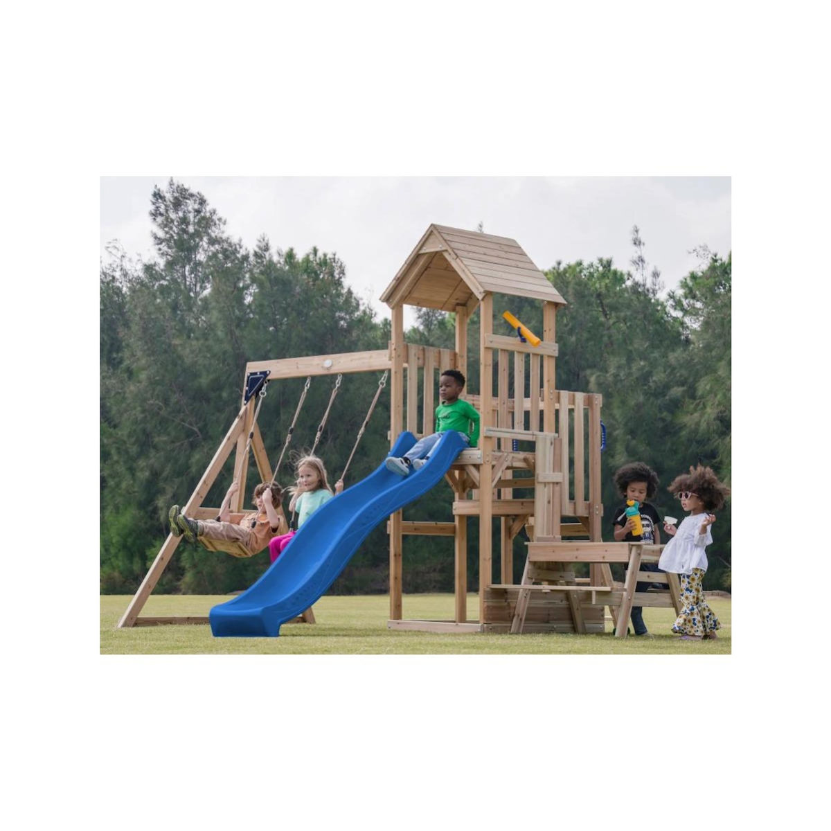 Axi House Portique Mette 2 balançoires + table toboggan bleu