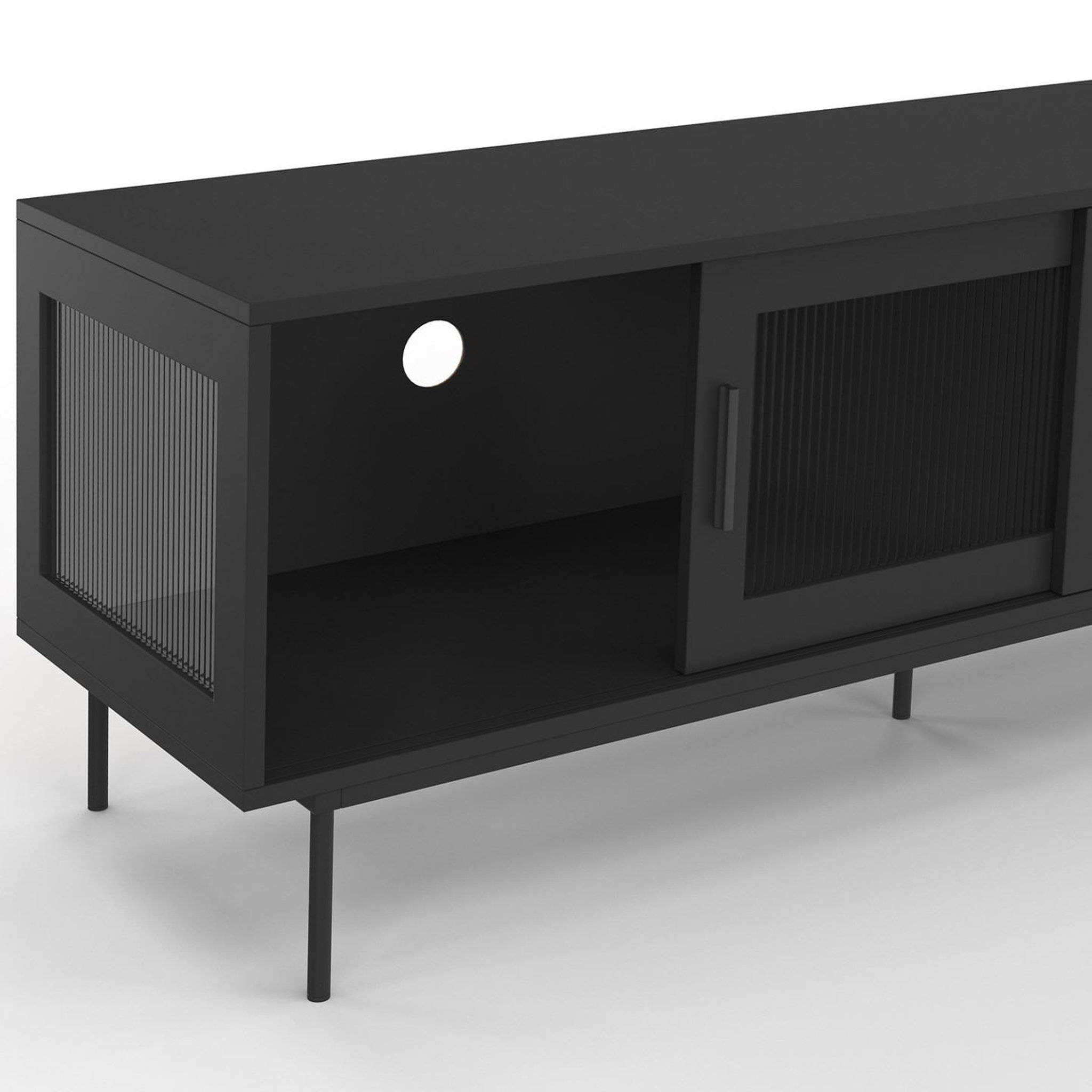 Voir la diapositive 6 : ID MARKET Meuble tv 140 cm zineb 2 portes coulissantes vitrées façade cannelée noir