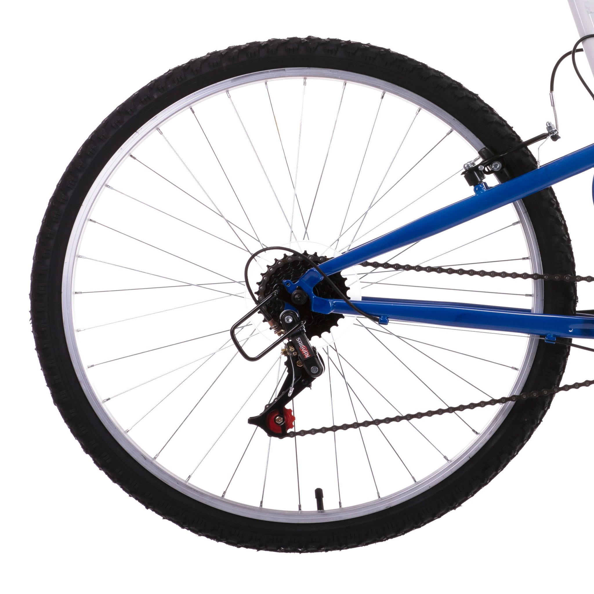 Voir la diapositive 5 : VTT 26'' - Vélo Tout Suspendu - 18 Vitesses - Poignées tournantes - Freins avant à disque et V-Brake arrière - Jantes Aluminium.