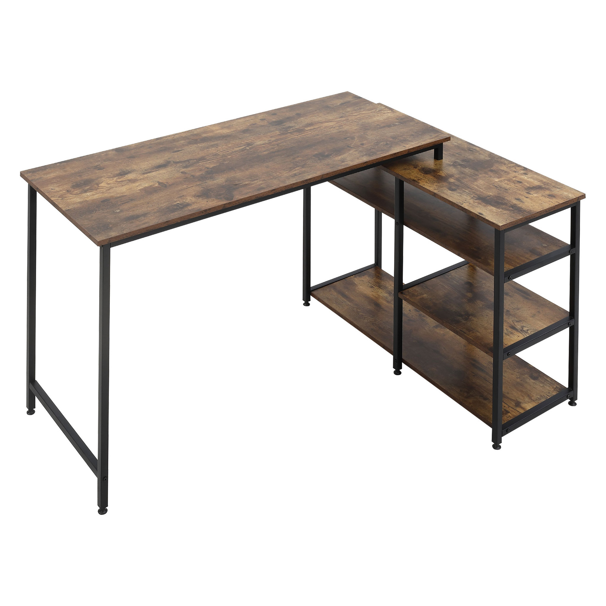 Voir la diapositive 1 : HOMCOM Bureau informatique design industriel bureau d'angle 3 étagères aspect vieux bois métal noir