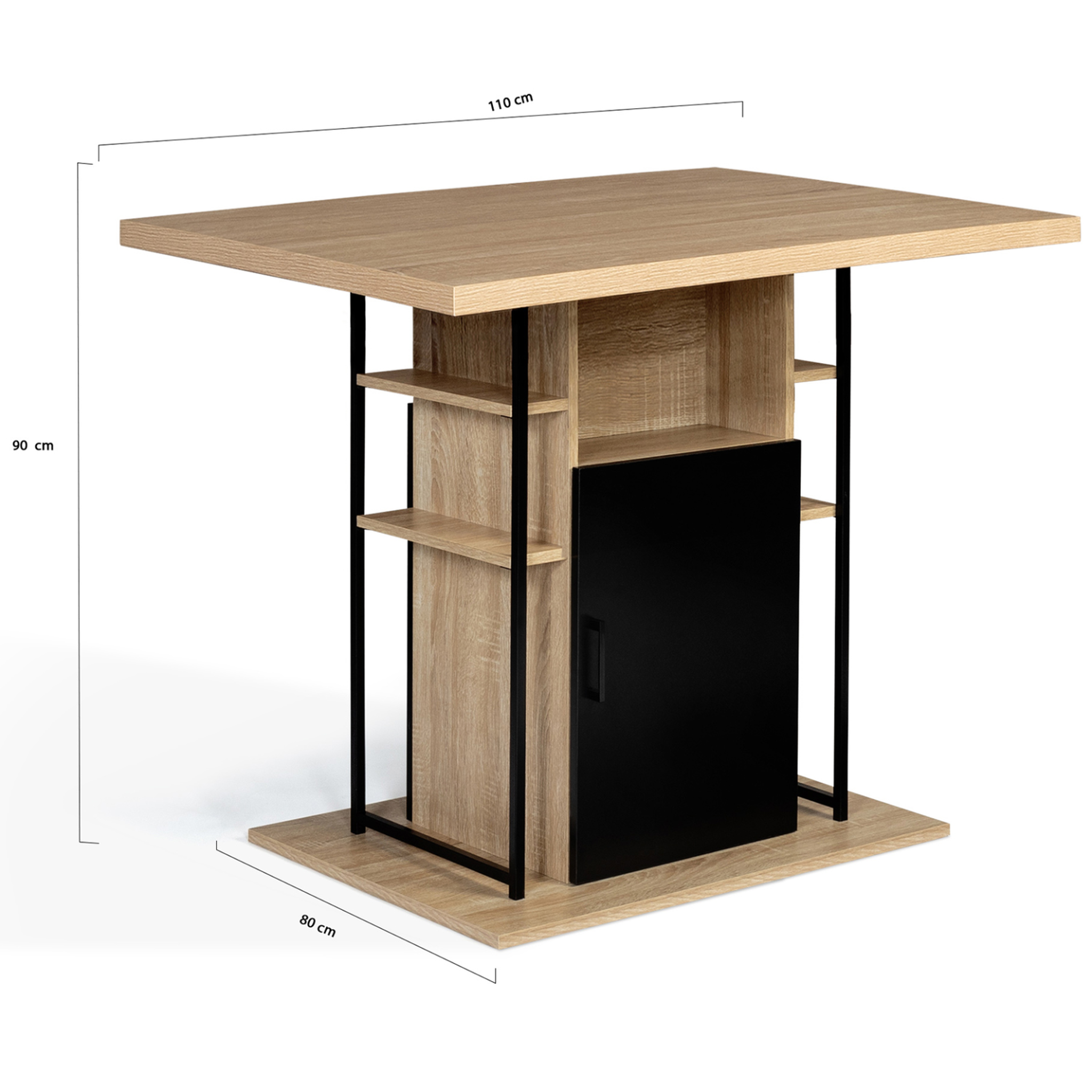 Voir la diapositive 5 : ID MARKET Ensemble ilot central 110 cm bois noir et imitation hêtre et 4 tabourets design industriel