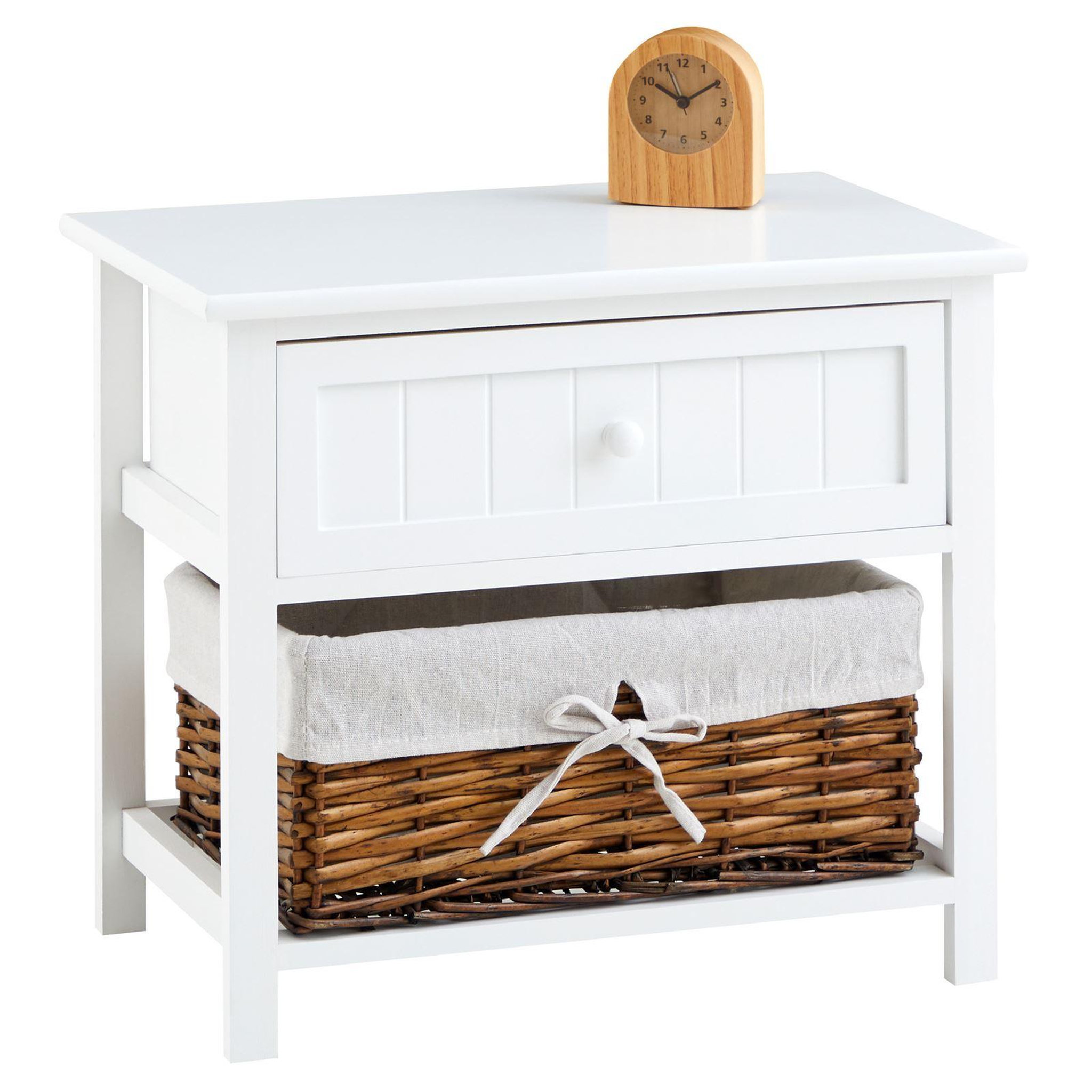 Voir la diapositive 1 : IDIMEX Table de chevet AKURE avec 1 tiroir et 1 panier en bois