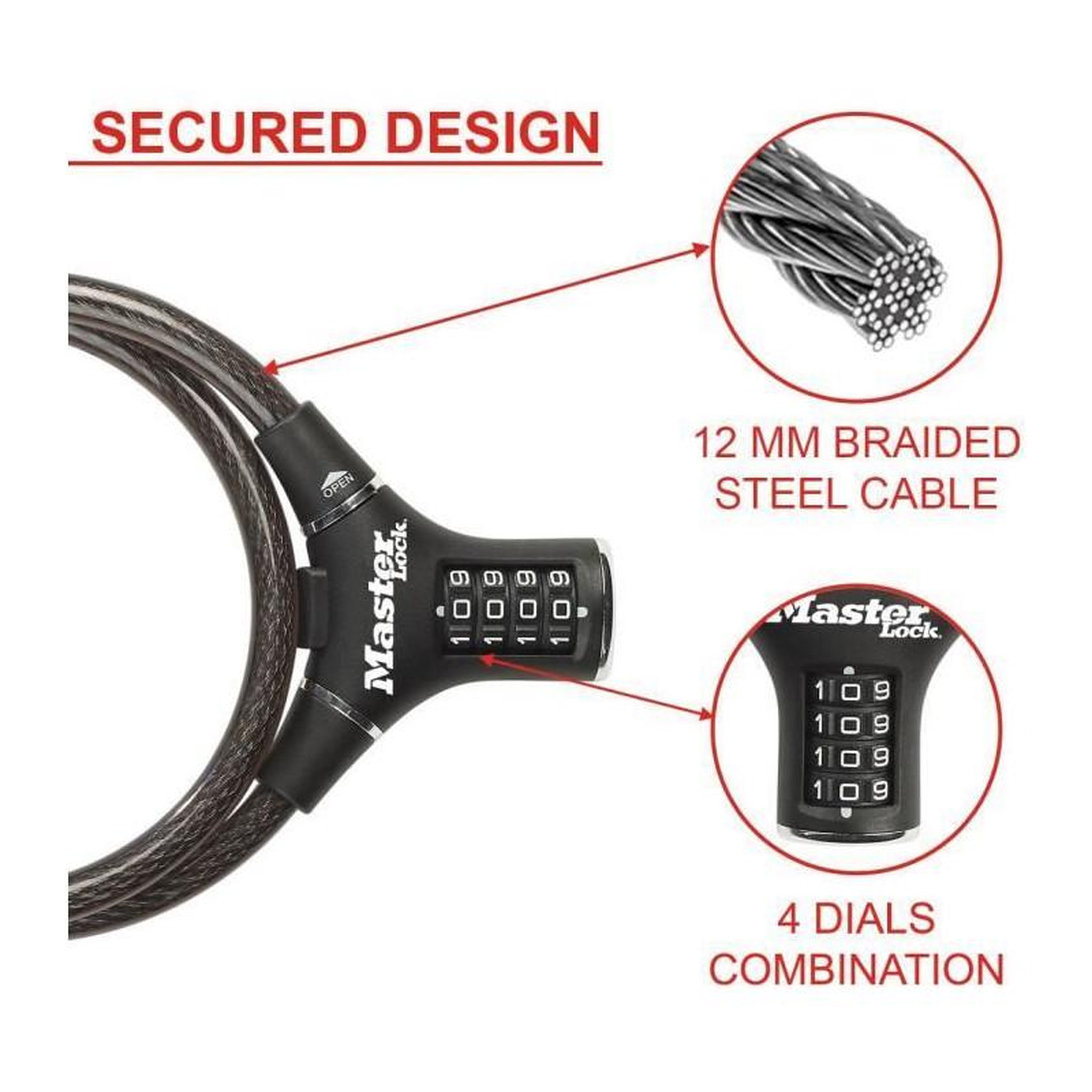 Voir la diapositive 3 : Master lock Antivol Vélo - MASTER LOCK - 8229EURDPRO - 90 cm de câble - Noir - Acier torsadé