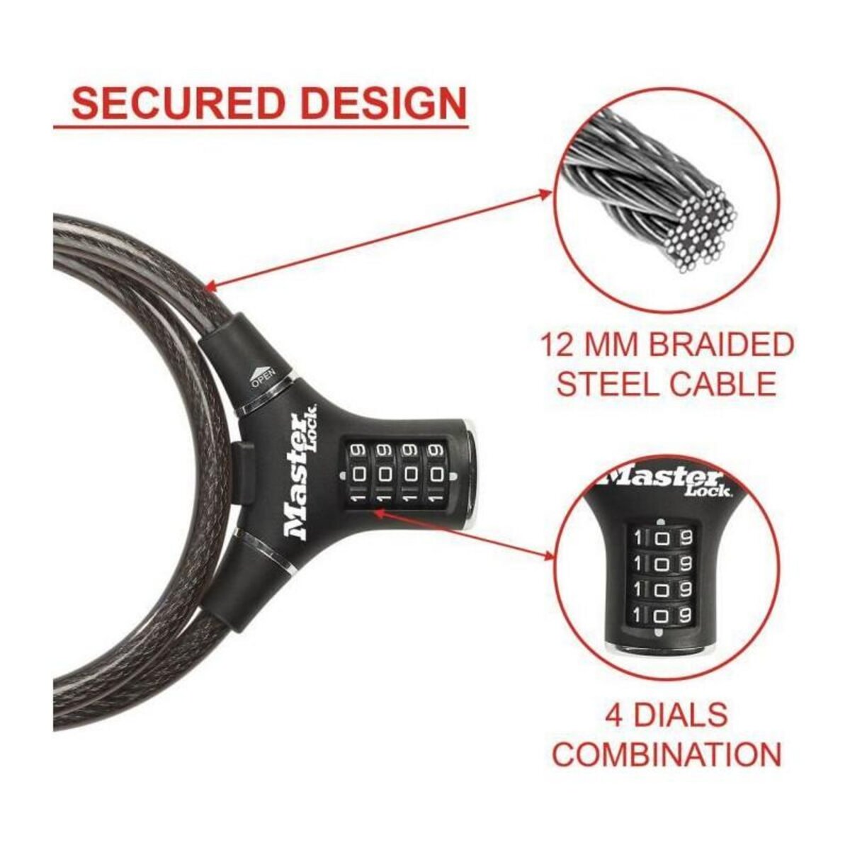 Master lock Cable Antivol Vélo [90 cm Câble] [Combinaison] [Extérieur] 8229EURDPRO
