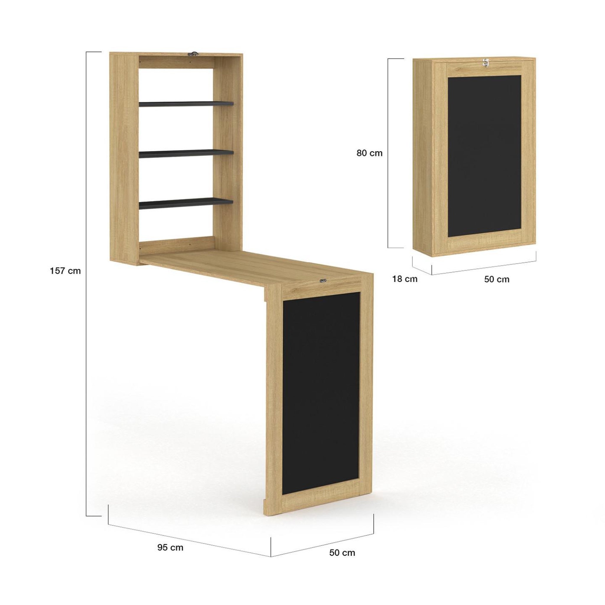Voir la diapositive 6 : ID MARKET Table murale pliable macchia avec étagères et tableau craie 2 personnes bois et noir