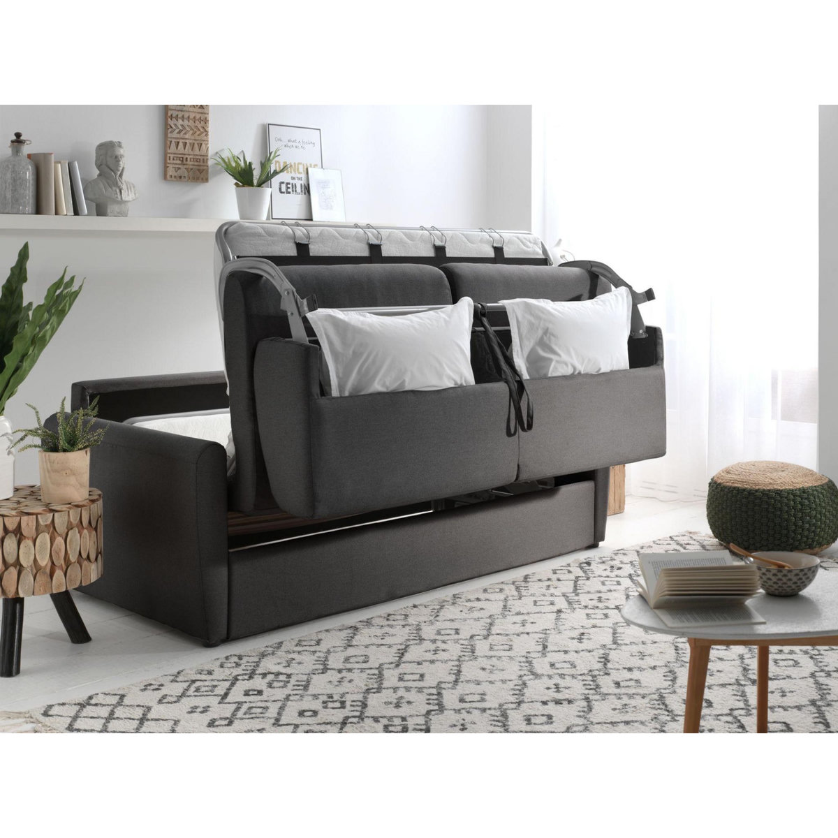 LISA DESIGN Ari - canapé 3 places convertible express couchage quotidien 140 cm matelas 12 cm en tissu