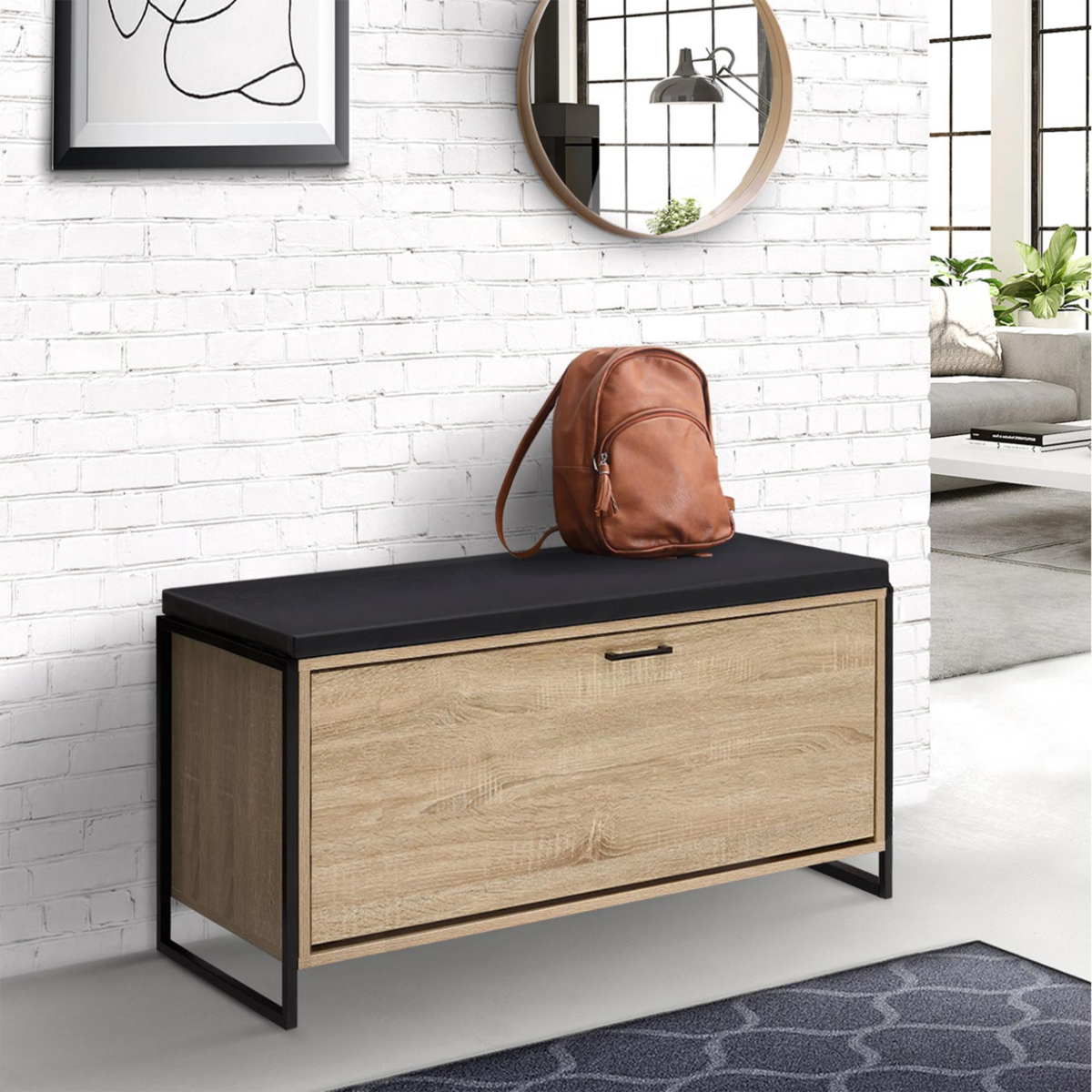 ID MARKET Banc d'entrée avec coussin et rangement chaussures LUIS 100 cm design industriel